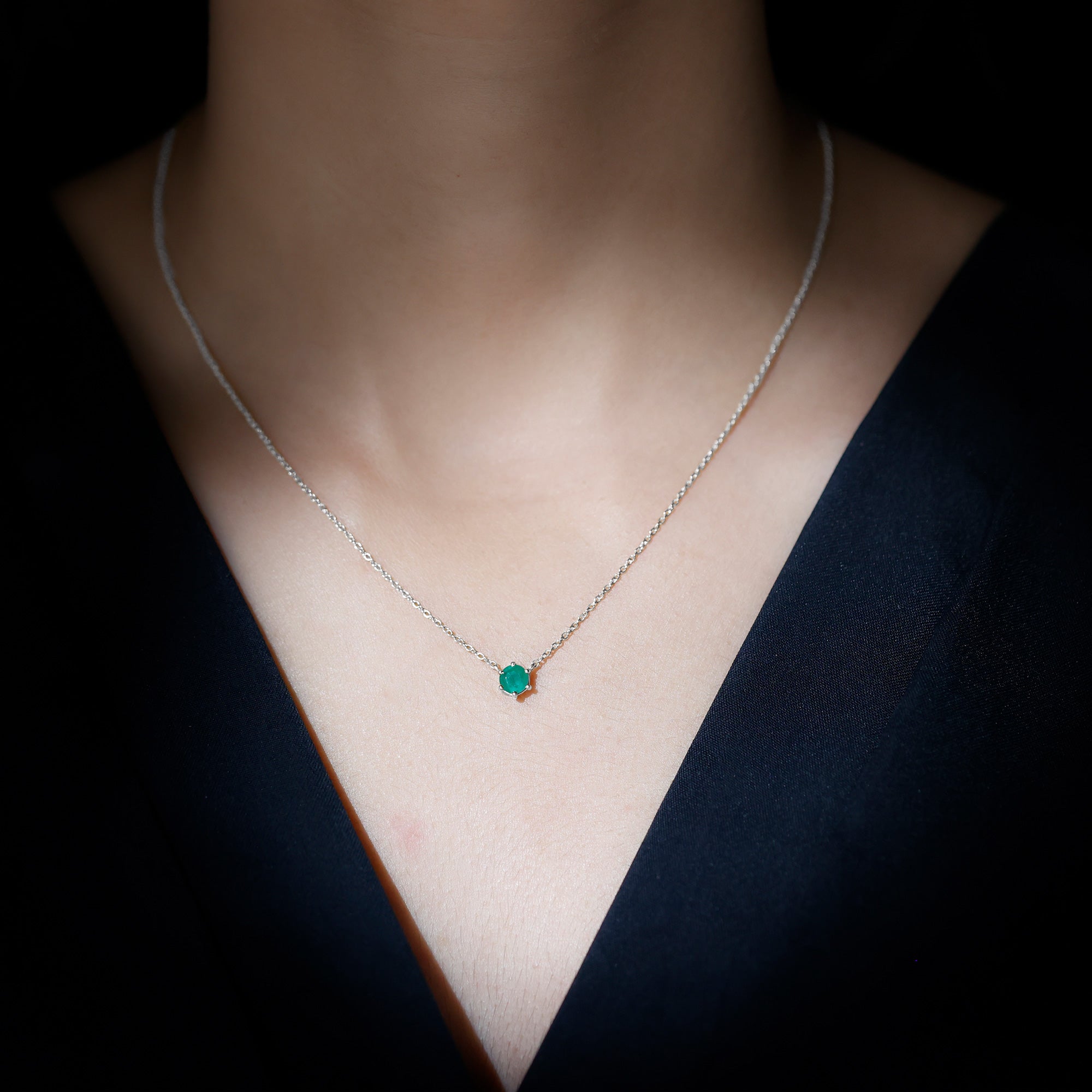 5 MM Round Cut Solitaire Emerald Necklace in 6 Prong Setting Emerald - ( AAA ) - Quality - Rosec Jewels