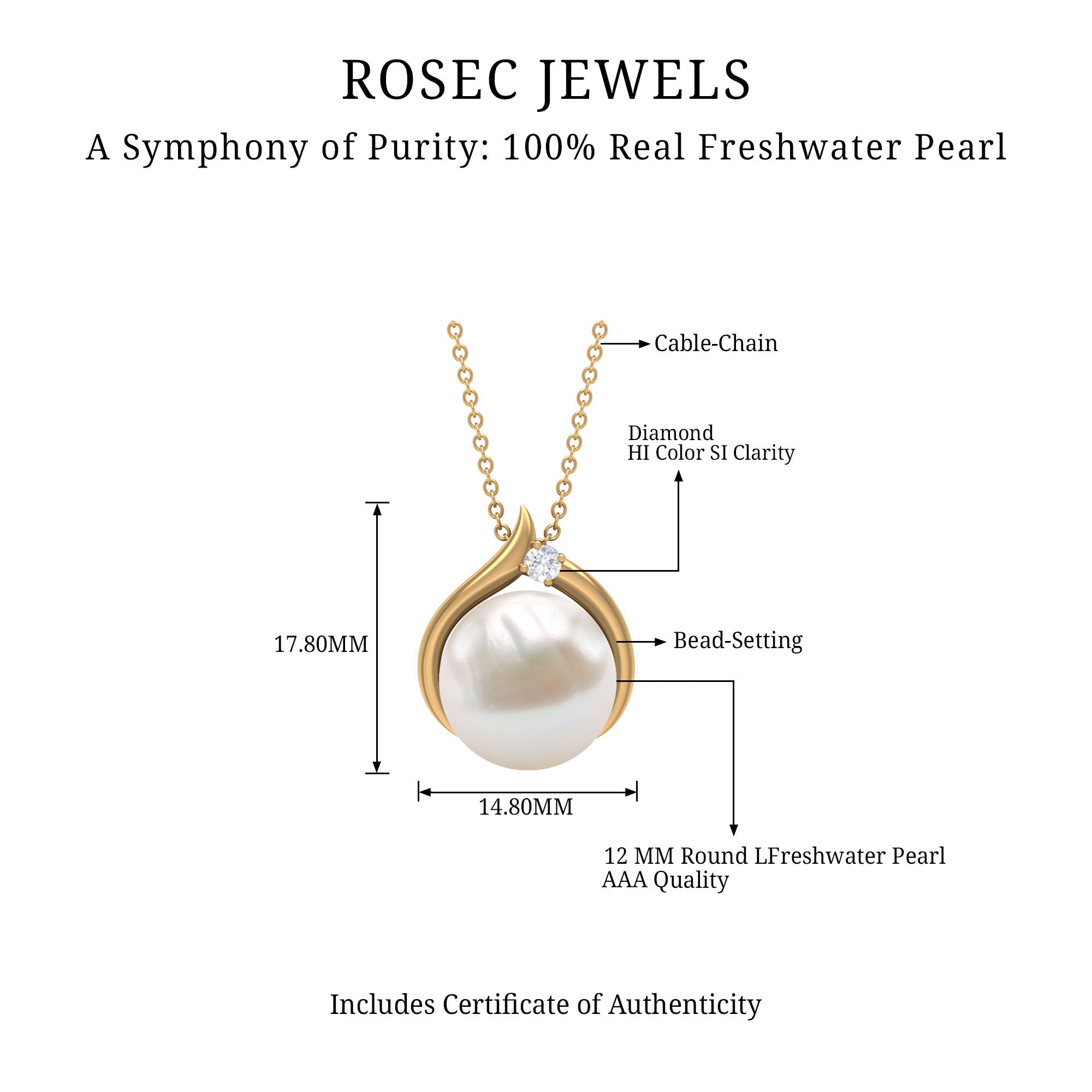 Rosec Jewels-11 CT Bead Set Freshwater Pearl Solitaire Pendant with Diamond