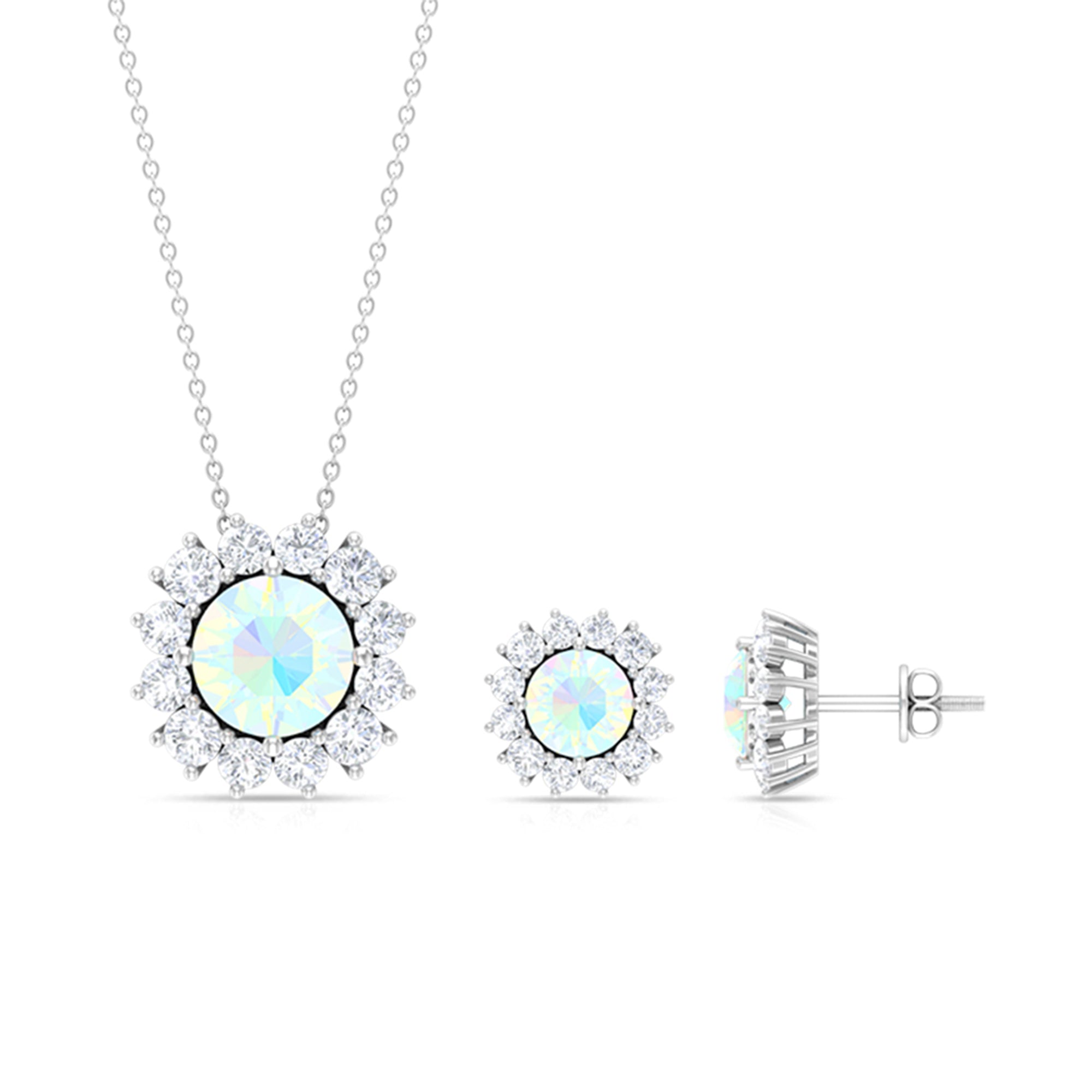 Ethiopian Opal and Moissanite Halo Pendant and Earrings Set Ethiopian Opal - ( AAA ) - Quality - Rosec Jewels