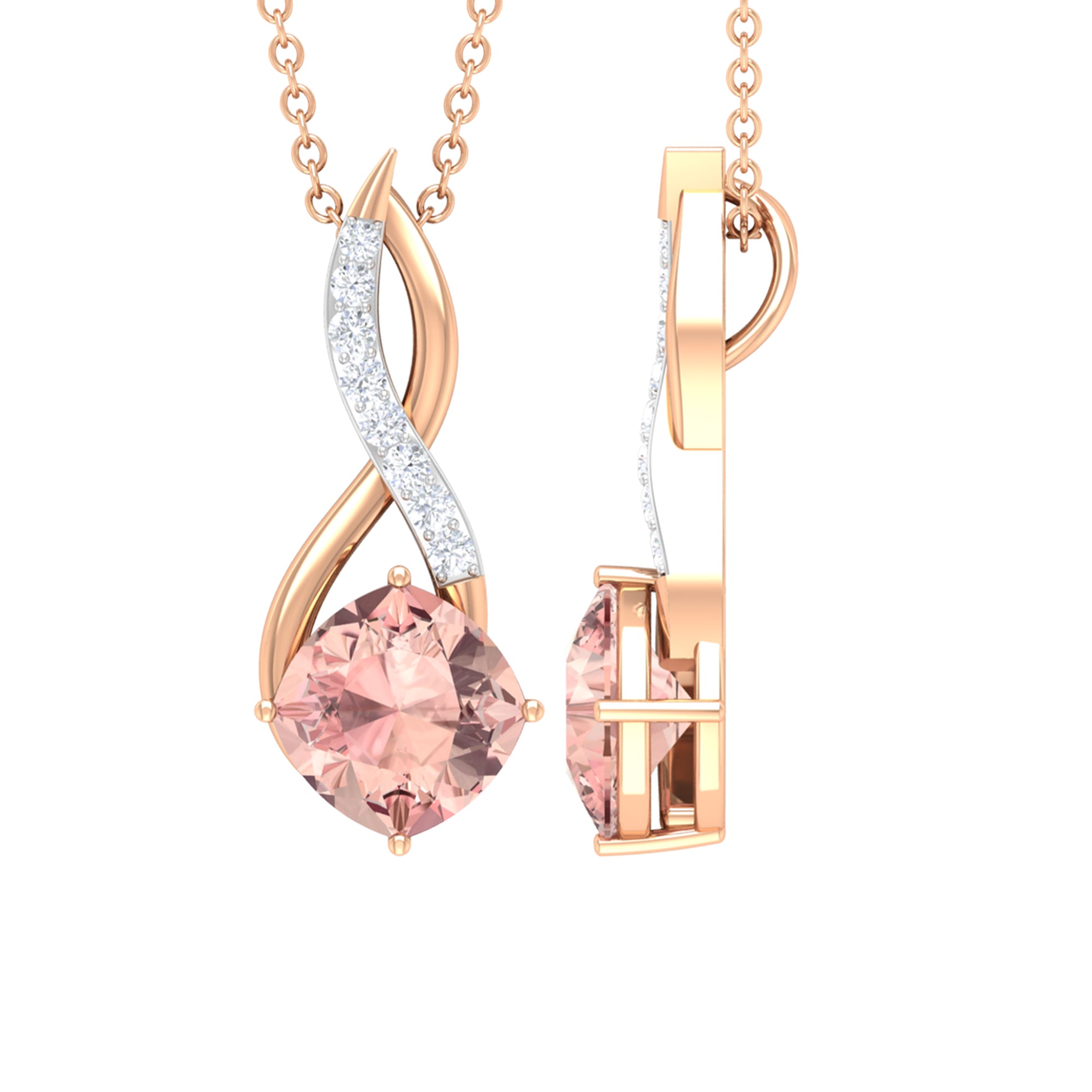 1.75 CT Infinity Pendant Necklace with Cushion Cut Morganite Solitaire and Diamond Morganite - ( AAA ) - Quality - Rosec Jewels