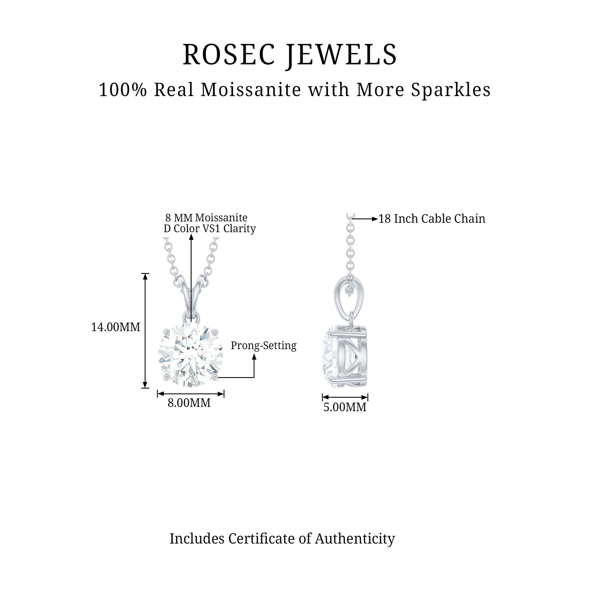 8 MM Certified Moissanite Solitaire Pendant Necklace Moissanite - ( D-VS1 ) - Color and Clarity - Rosec Jewels