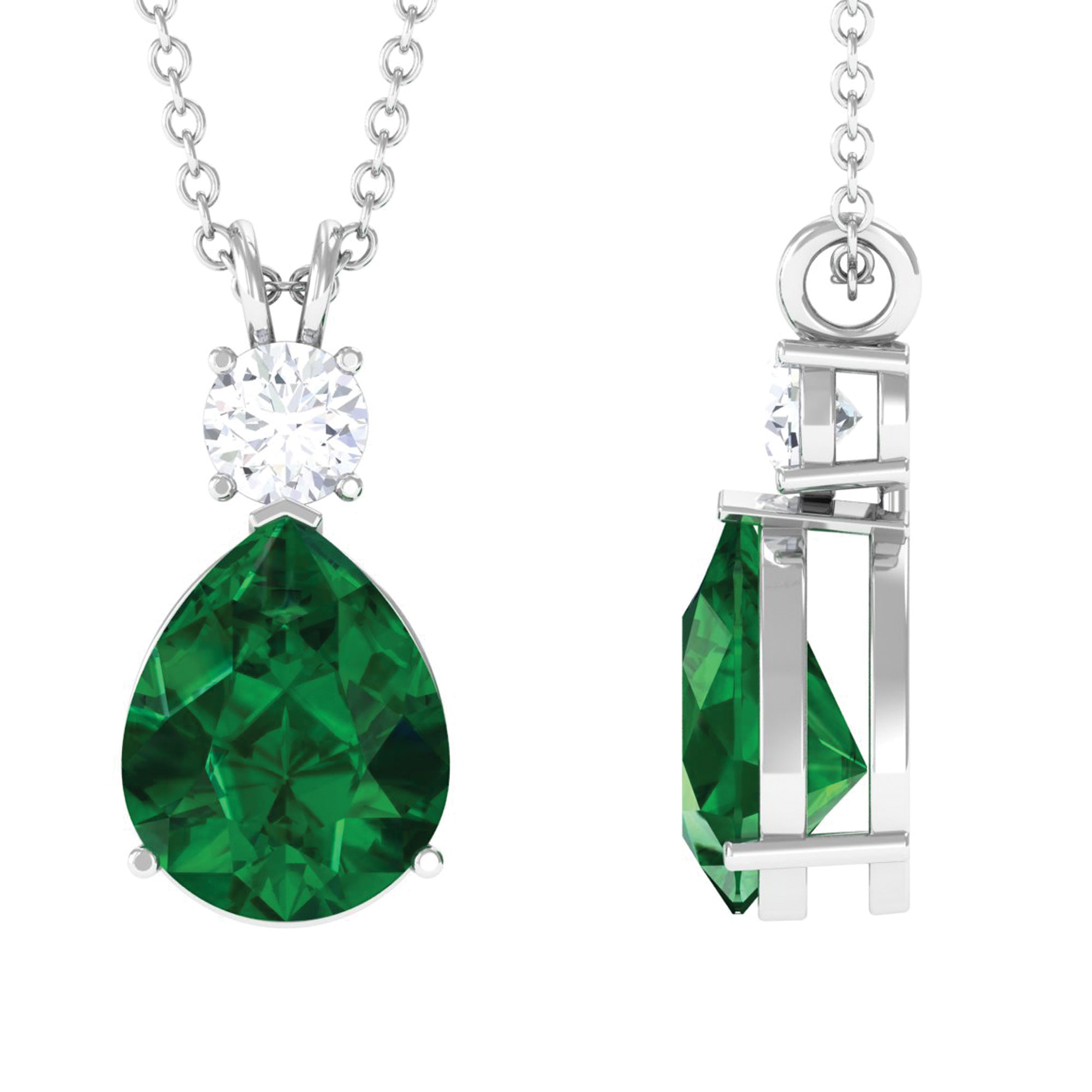 Created Emerald and Zircon Modern Teardrop Pendant in Silver - Rosec Jewels