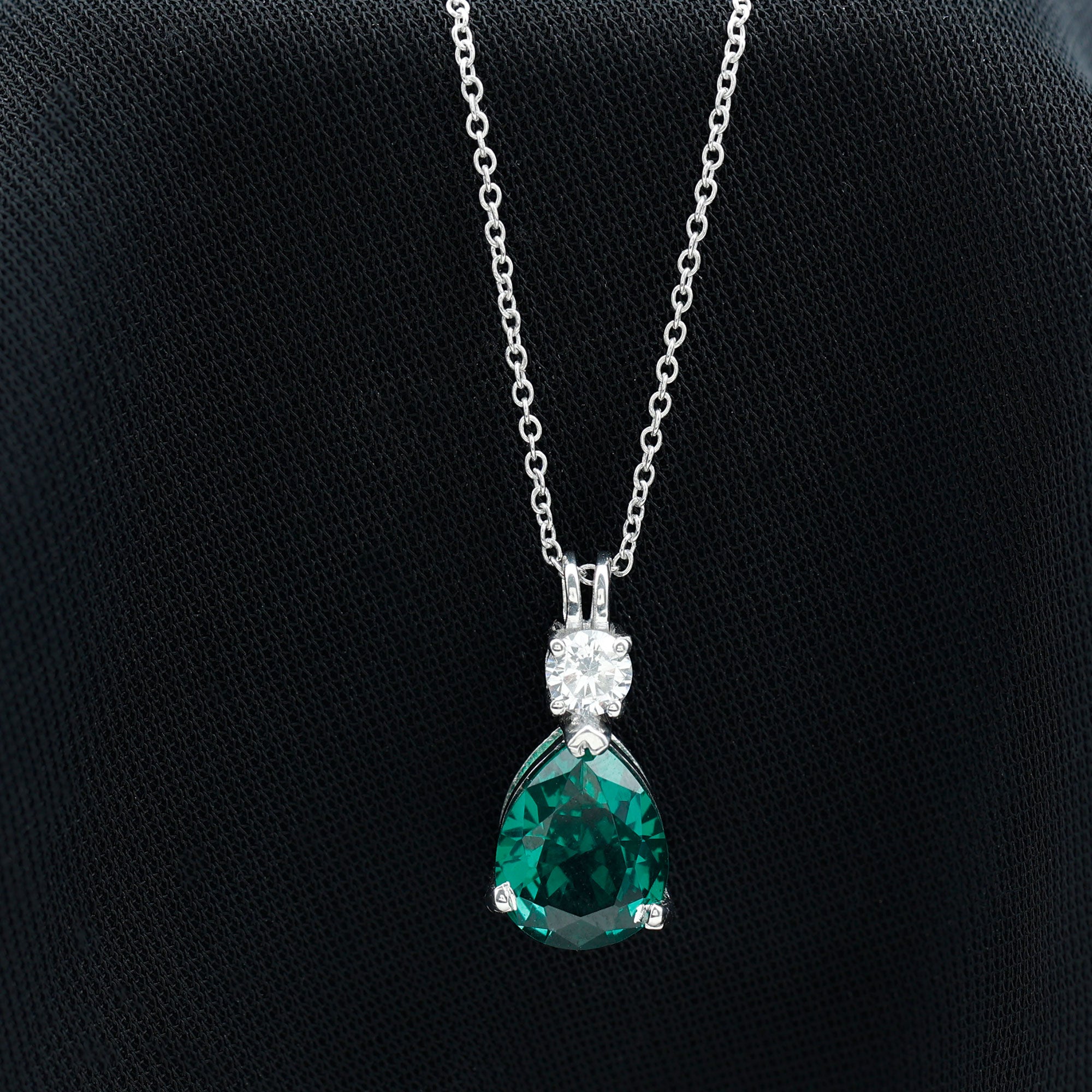 Created Emerald and Zircon Modern Teardrop Pendant in Silver - Rosec Jewels