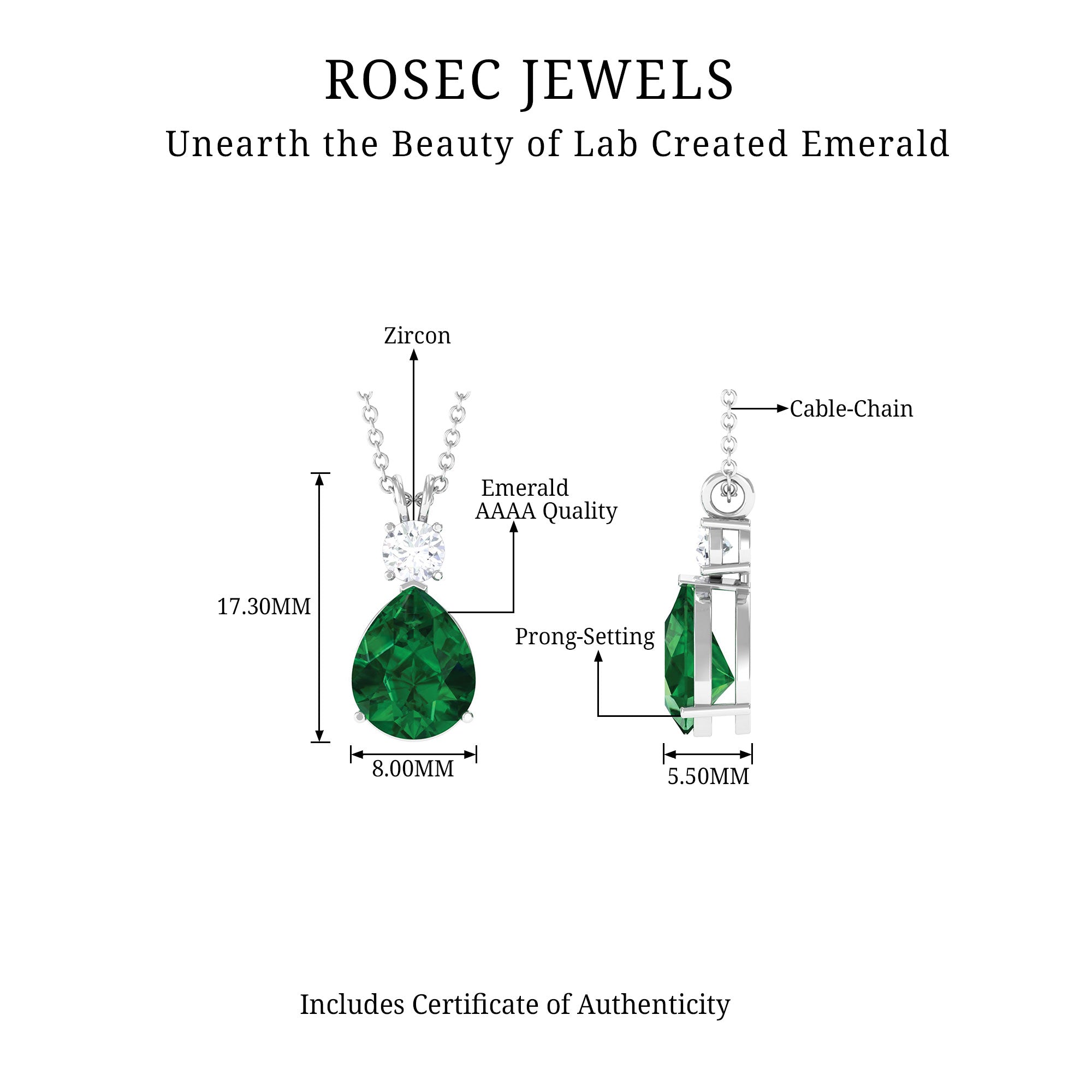 Created Emerald and Zircon Modern Teardrop Pendant Lab Created Emerald - ( AAAA ) - Quality - Rosec Jewels