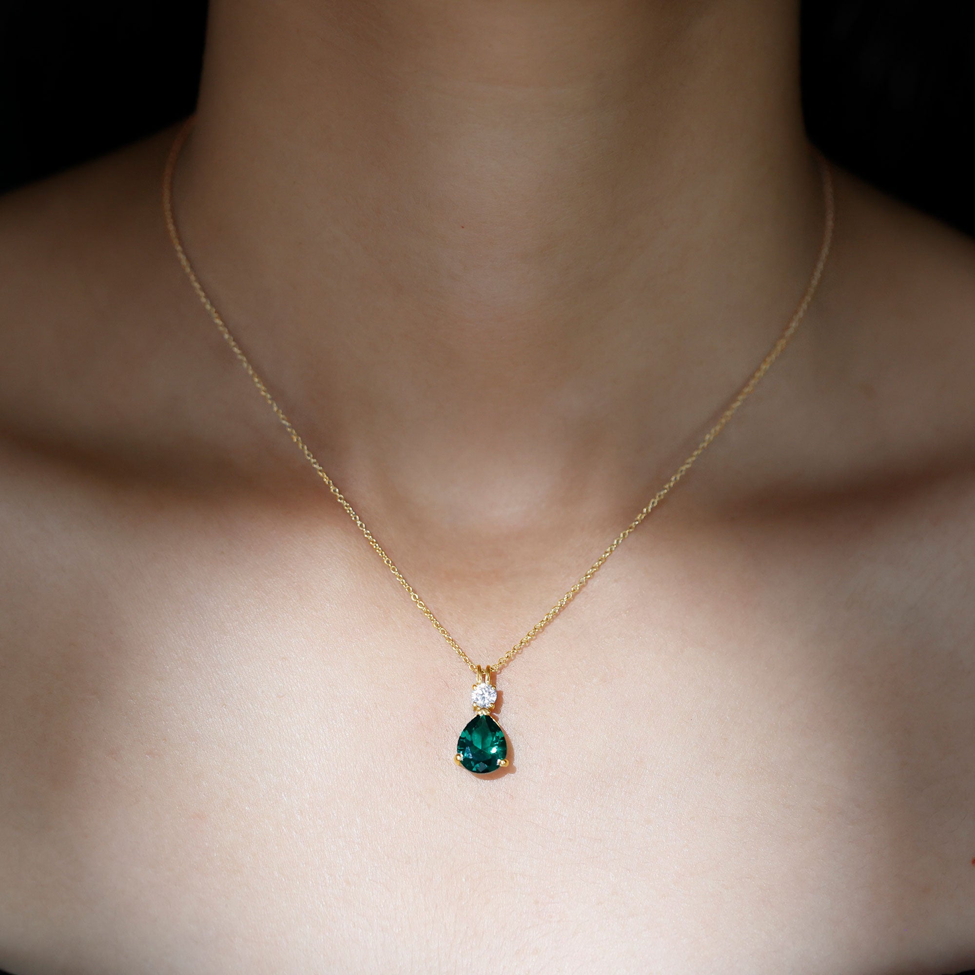 Created Emerald and Zircon Modern Teardrop Pendant Lab Created Emerald - ( AAAA ) - Quality - Rosec Jewels