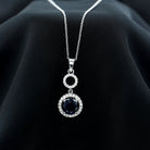 Lab-Created Blue Sapphire Halo Silver Dangle Pendant with Moissanite - Rosec Jewels