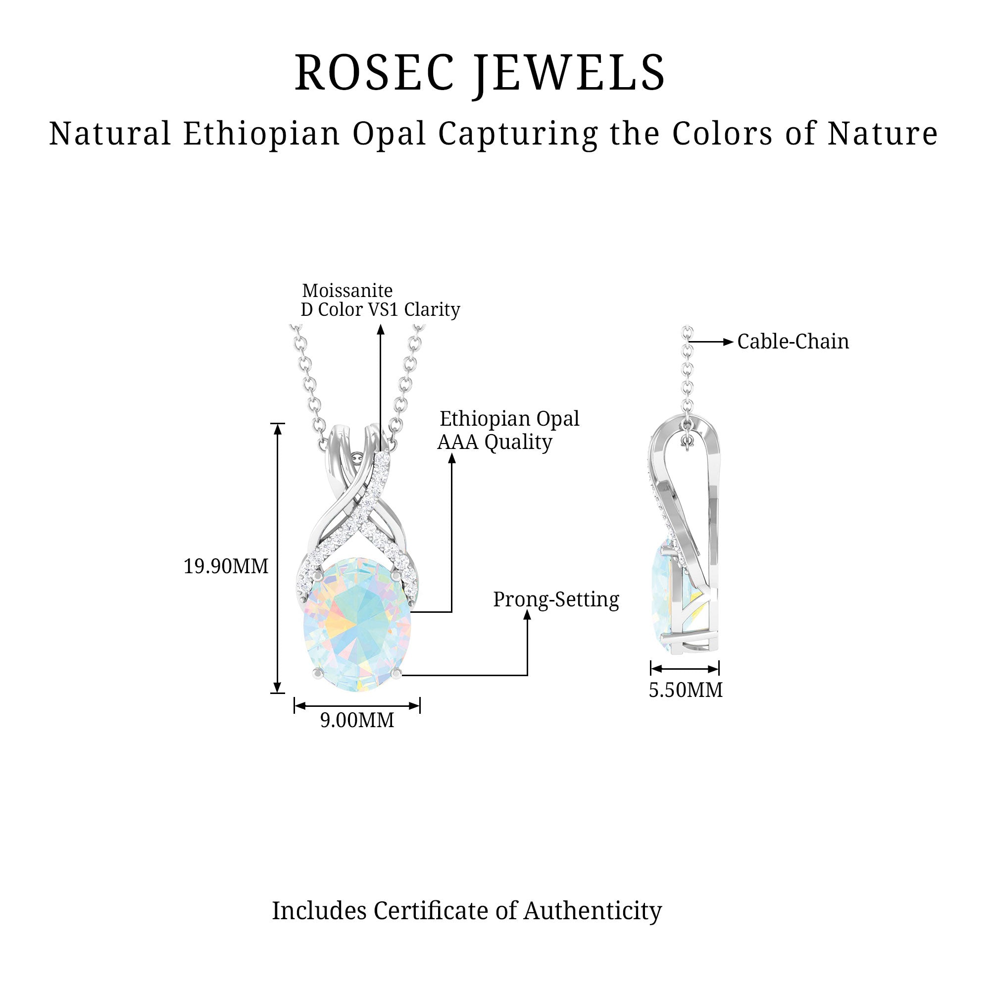 Oval Ethiopian Opal Solitaire Silver Pendant with Moissanite Twisted Bail - Rosec Jewels