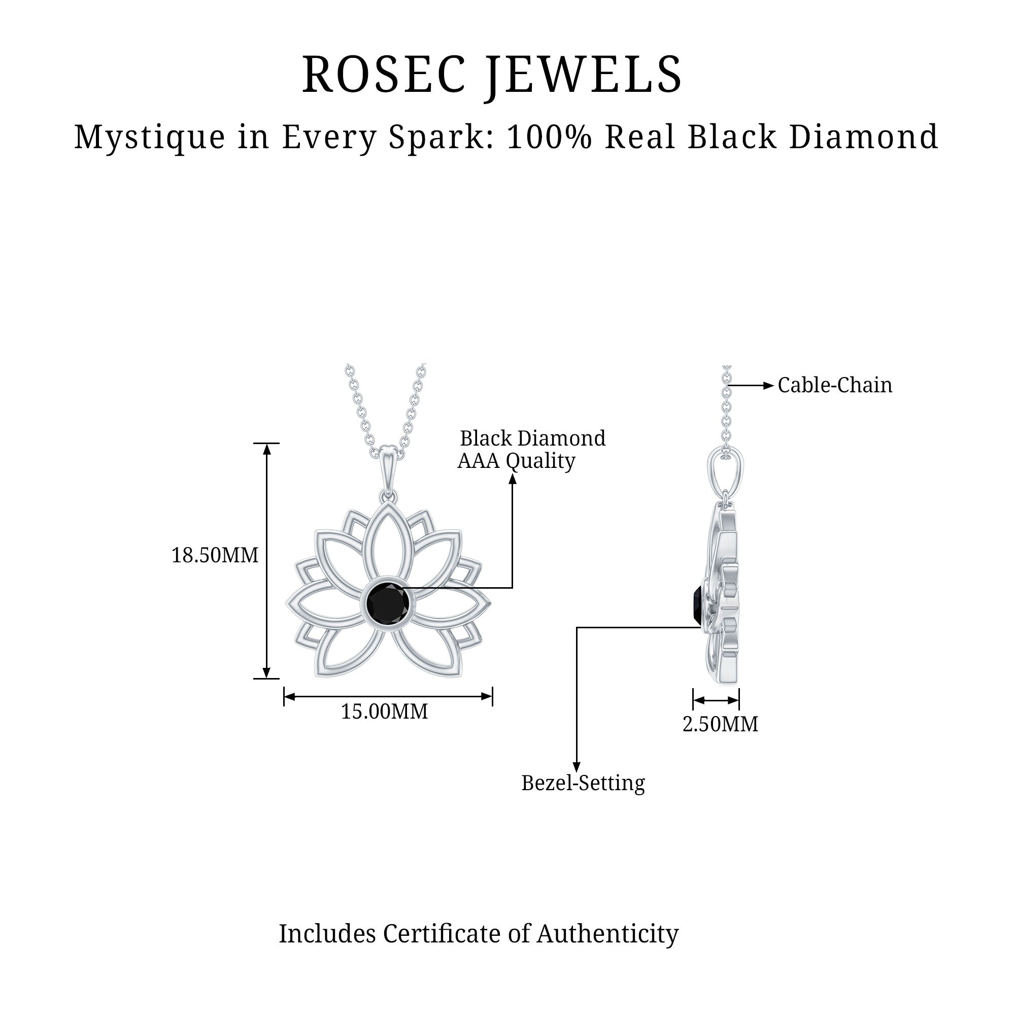 Gold Lotus Flower Pendant with 3 MM Round Cut Black Diamond Black Diamond - ( AAA ) - Quality - Rosec Jewels