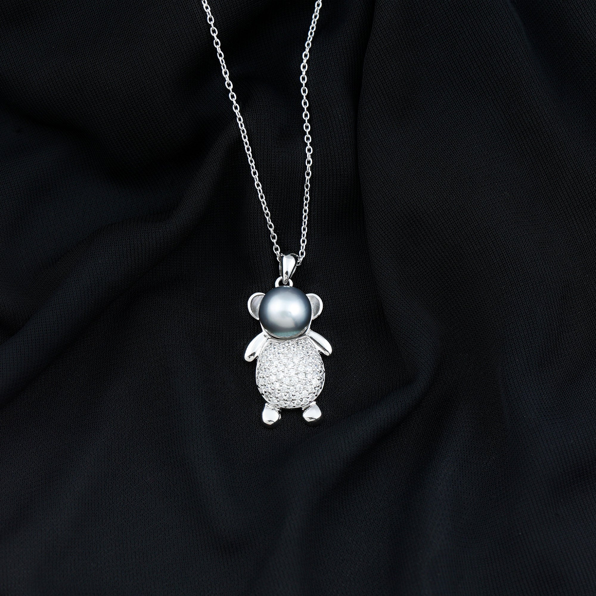 Teddy Bear Inspired Black Pearl Pendant Necklace in Silver - Rosec Jewels