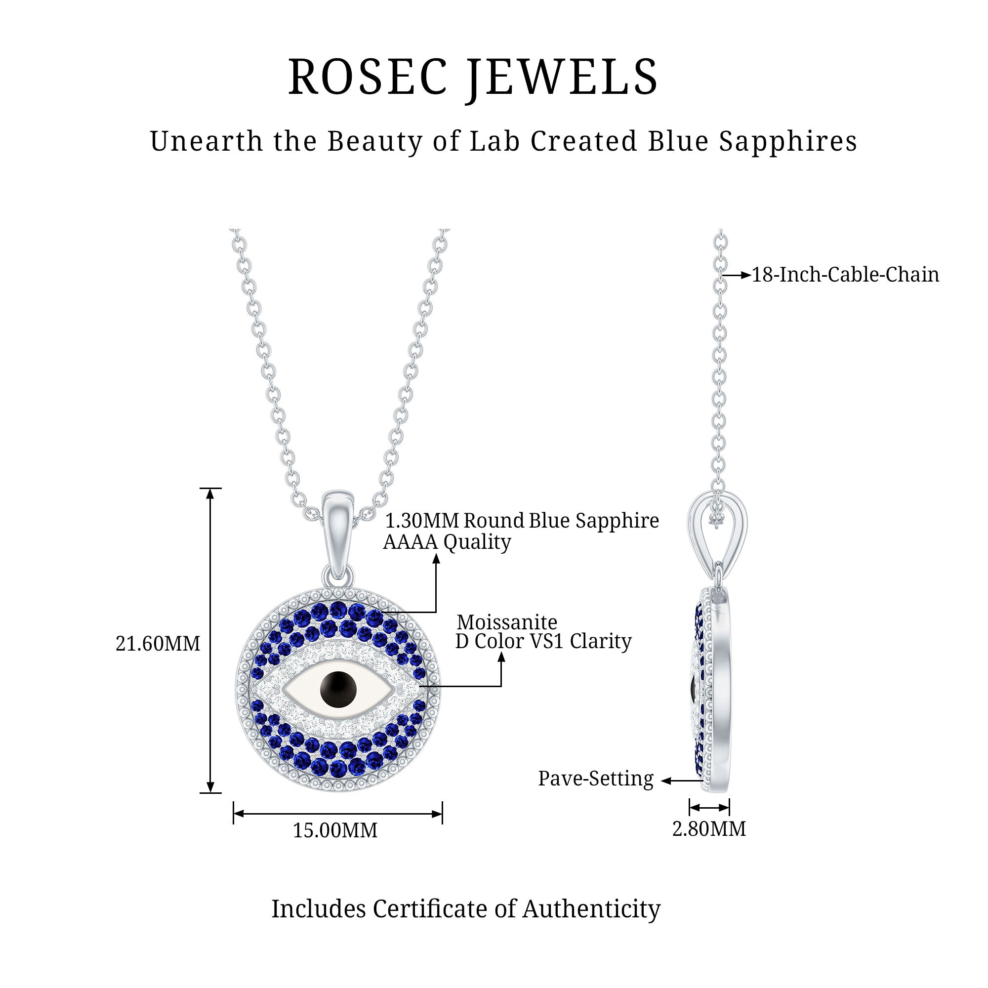 Vintage Blue &White Sapphire Evil Eye outlet Protection Pendant Necklace with 18” Chain