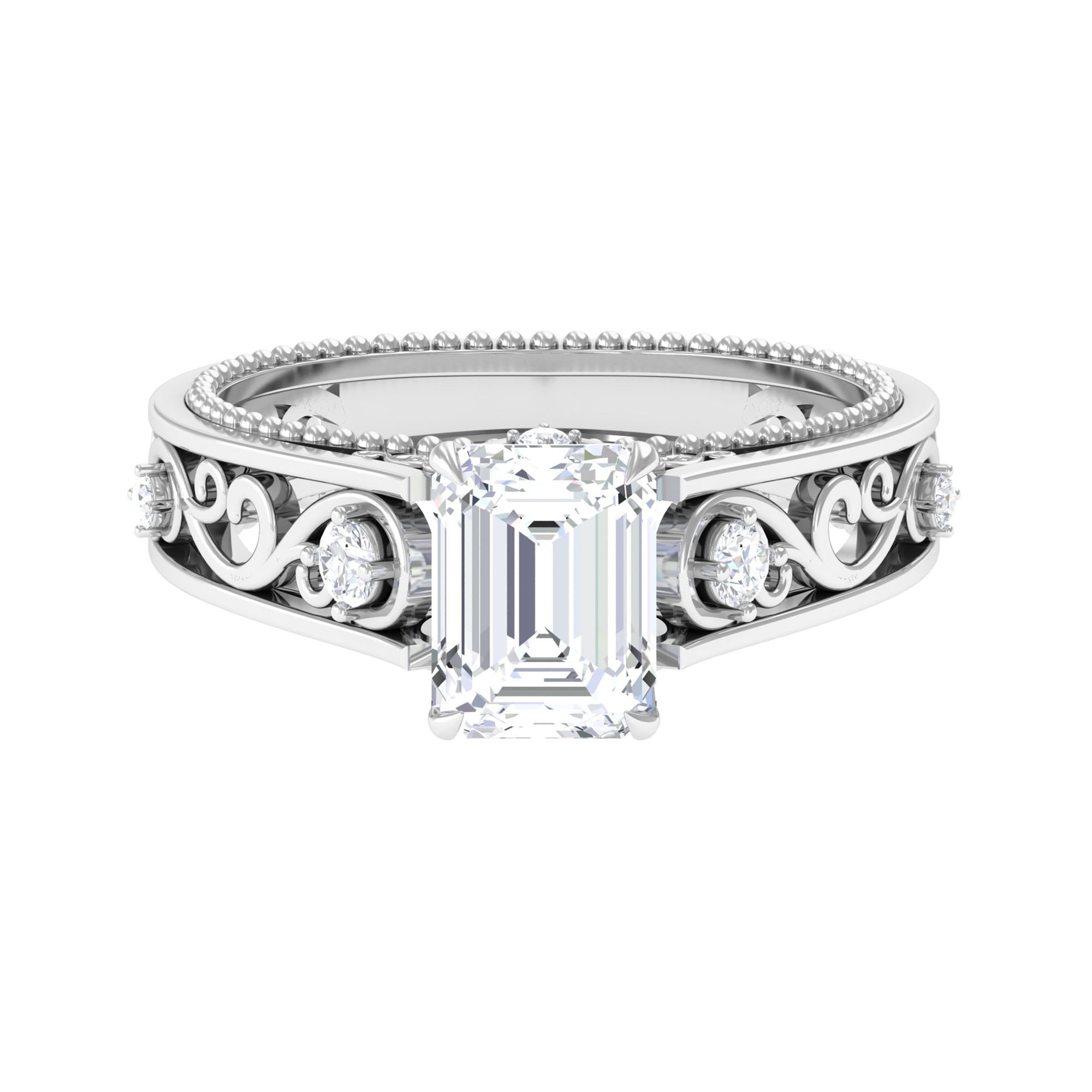 Emerald Cut Moissanite Solitaire Band Ring with Ivy Scroll Shank Moissanite - ( D-VS1 ) - Color and Clarity - Rosec Jewels