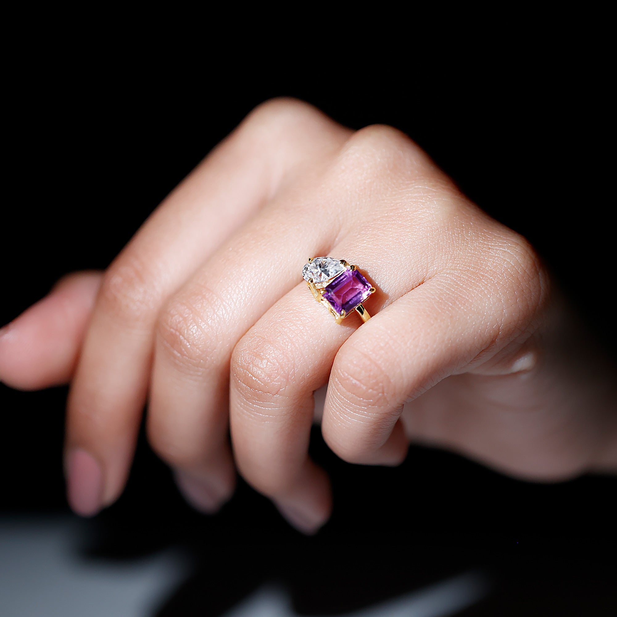 Toi Et Moi Ring with Created Pink Sapphire and Moissanite Lab Created Pink Sapphire - ( AAAA ) - Quality - Rosec Jewels
