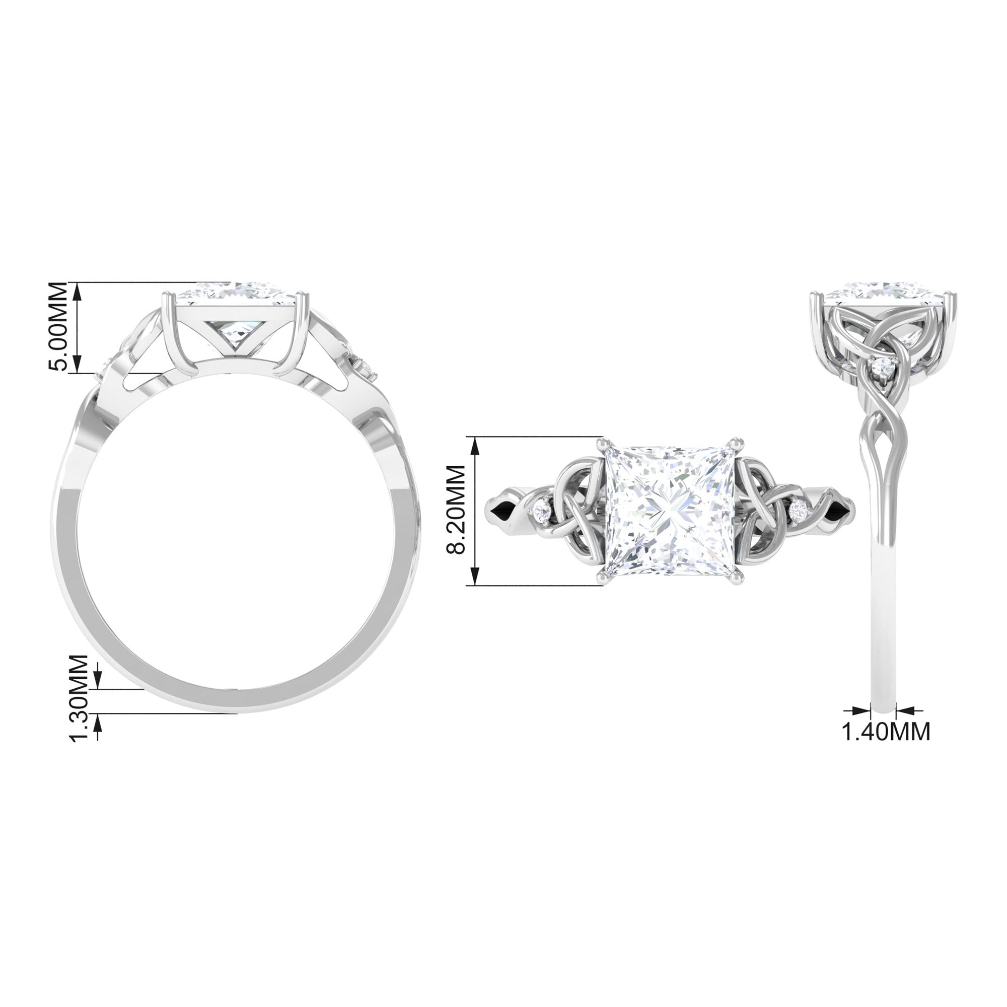7 MM Princess Cut Moissanite Solitaire Engagement Celtic Ring Moissanite - ( D-VS1 ) - Color and Clarity - Rosec Jewels