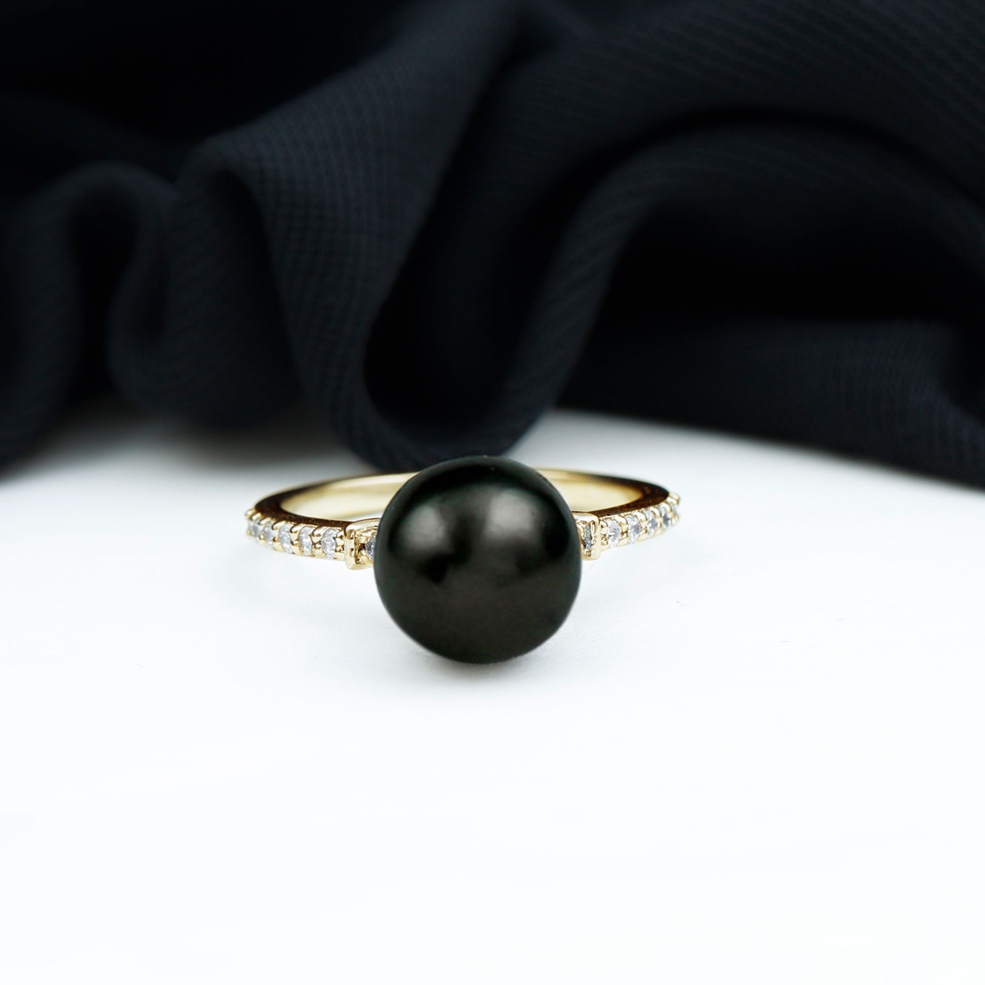 Rosec Jewels-Classic Black Pearl Ring with Diamond Side Stones