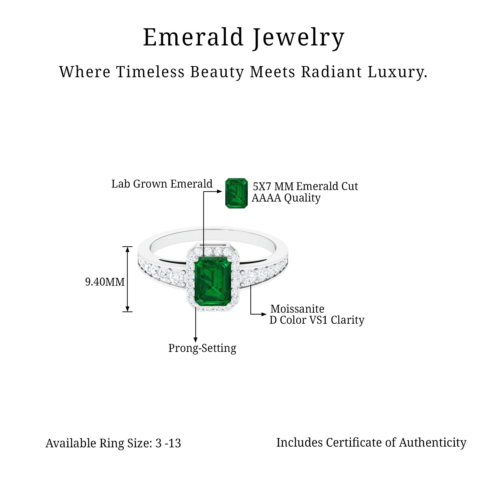 Rosec Jewels-Certified Emerald Cut Lab Grown Emerald Vintage Inspired Engagement Ring with Moissanite