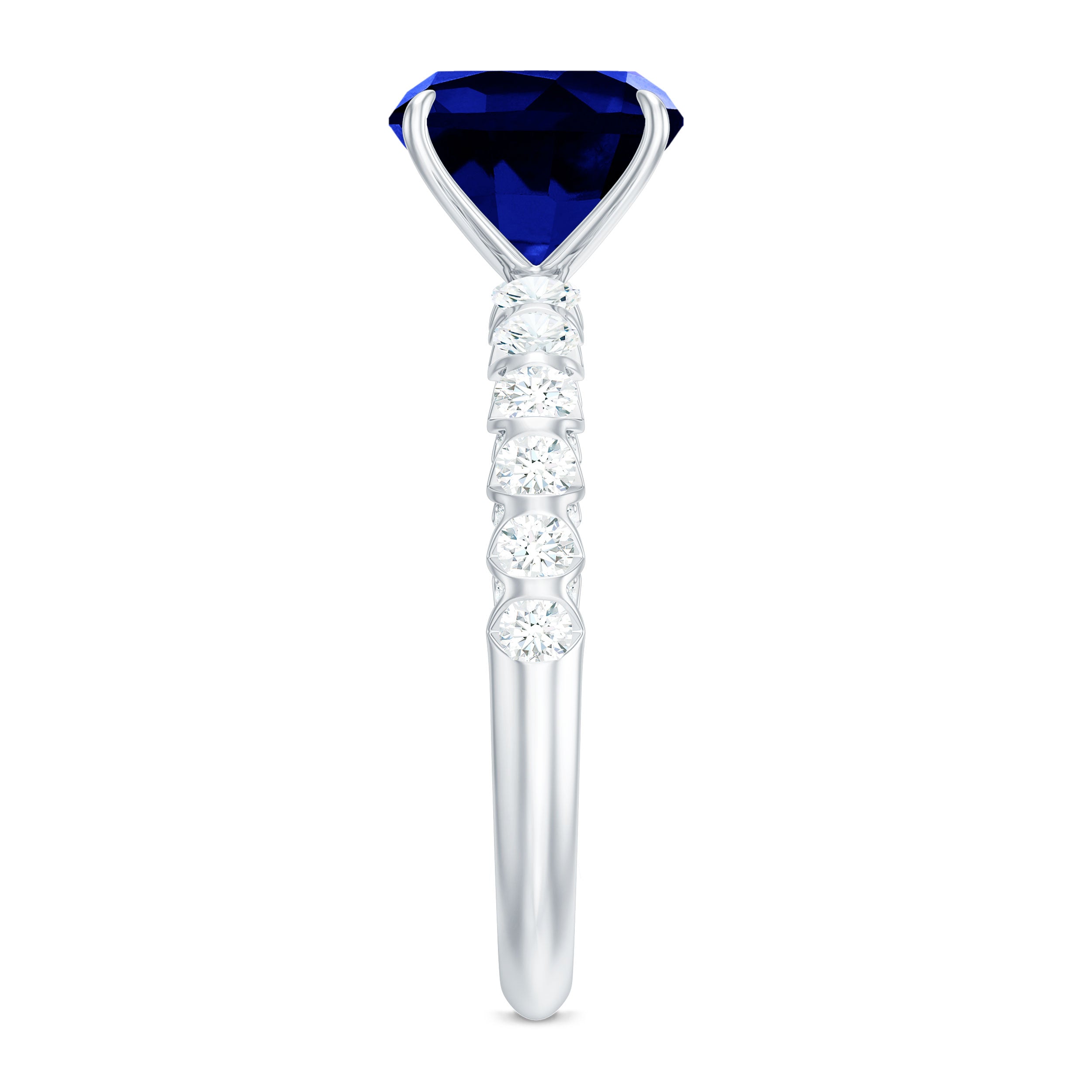 Cushion Cut Created Blue Sapphire Solitaire Ring with Diamond Side Stone Lab Created Blue Sapphire - ( AAAA ) - Quality - Rosec Jewels