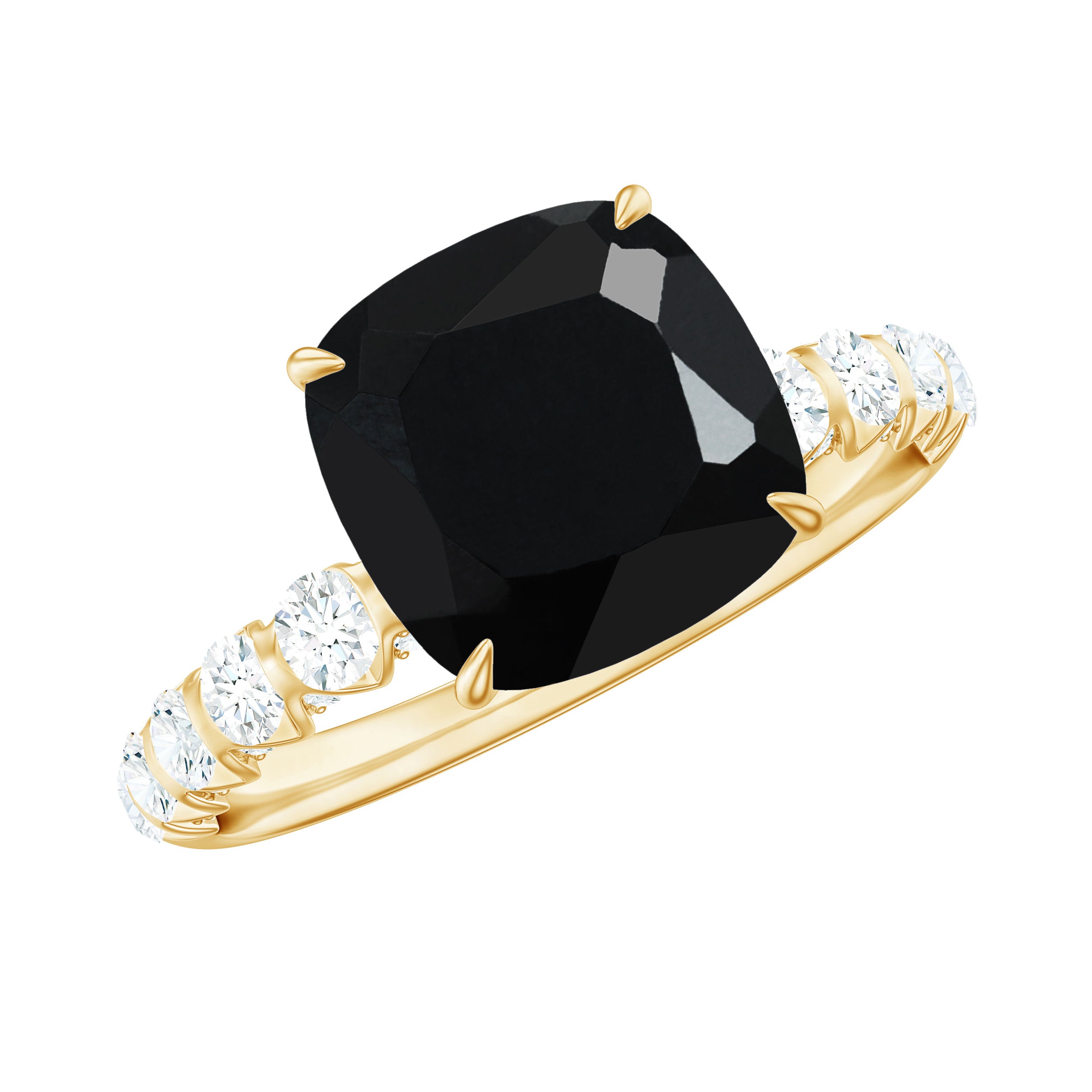 Cushion Cut Created Black Diamond and Diamond Solitaire Ring Lab Created Black Diamond - ( AAAA ) - Quality - Rosec Jewels