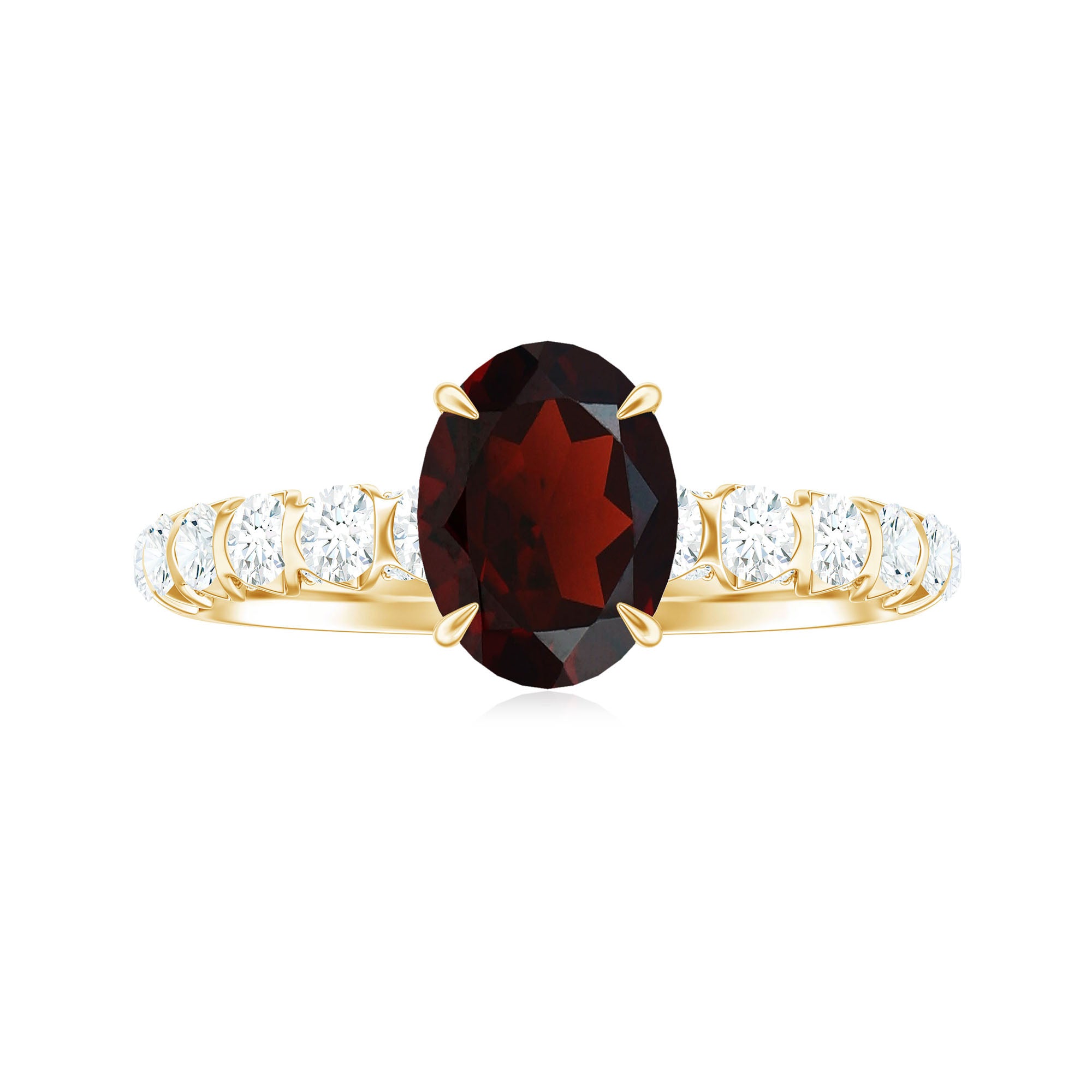 8X6 MM Oval Cut Garnet Solitaire with Diamond Side Stones Ring Garnet - ( AAA ) - Quality - Rosec Jewels
