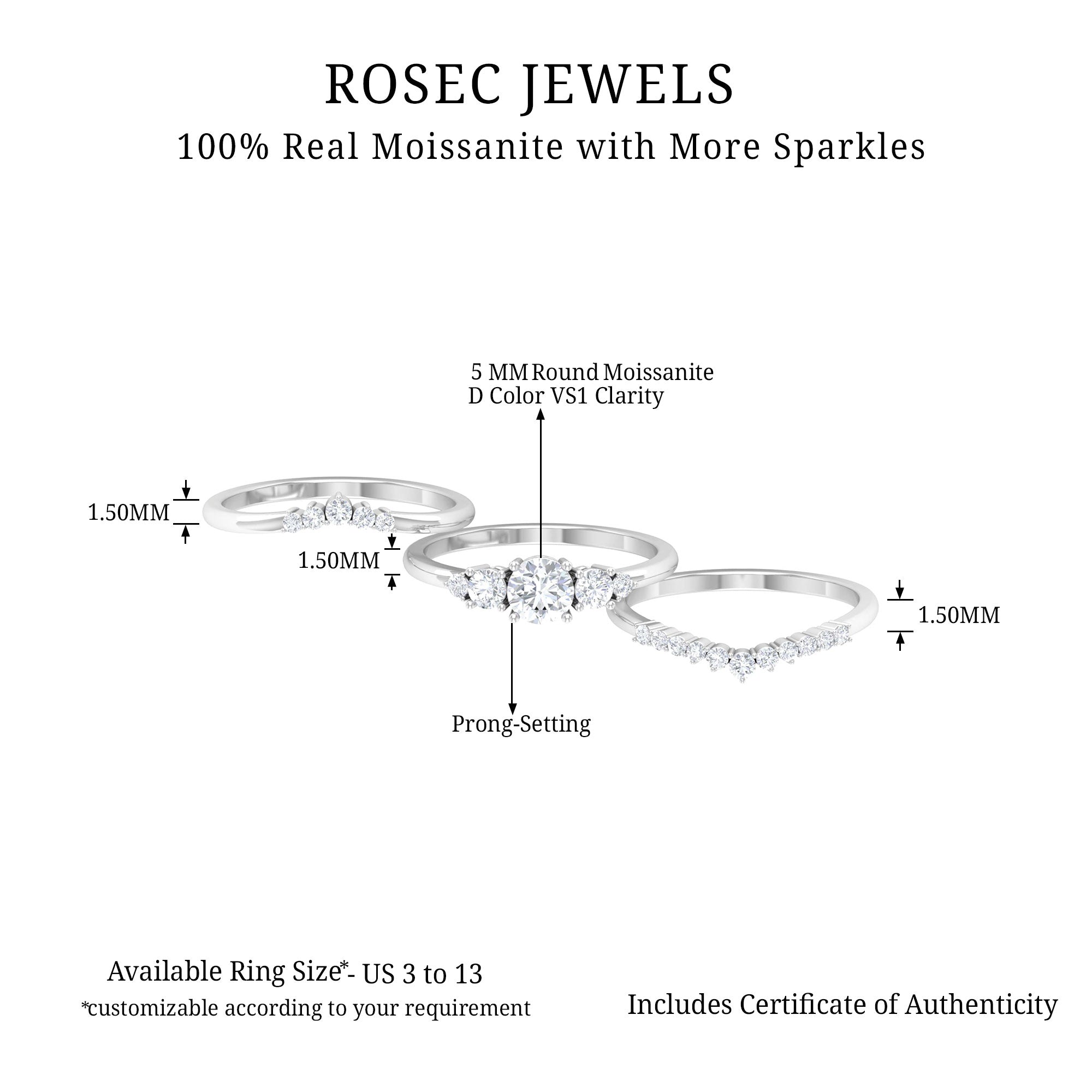 Certified Moissanite Trio Bridal Ring Set Moissanite - ( D-VS1 ) - Color and Clarity - Rosec Jewels