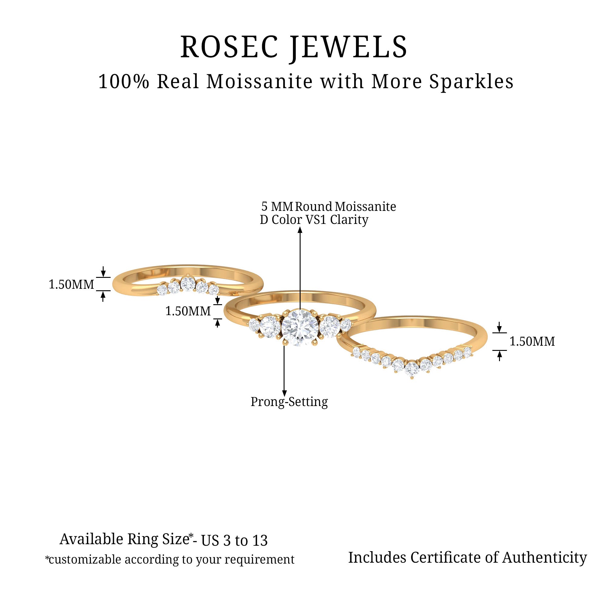Certified Moissanite Trio Bridal Ring Set Moissanite - ( D-VS1 ) - Color and Clarity - Rosec Jewels