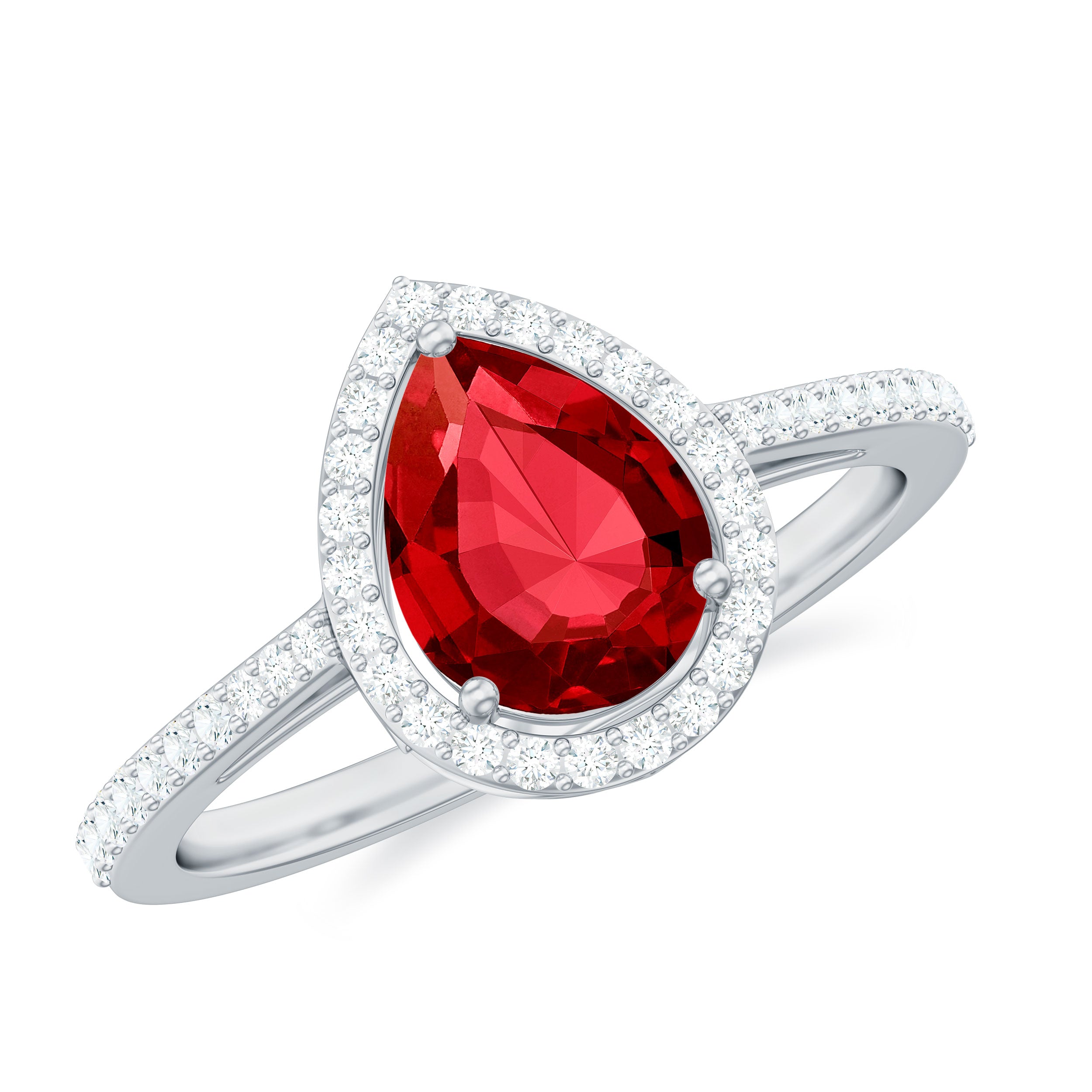 Pear Shape Lab Grown Ruby Teardrop Engagement Ring with Diamond Halo Lab Created Ruby - ( AAAA ) - Quality - Rosec Jewels