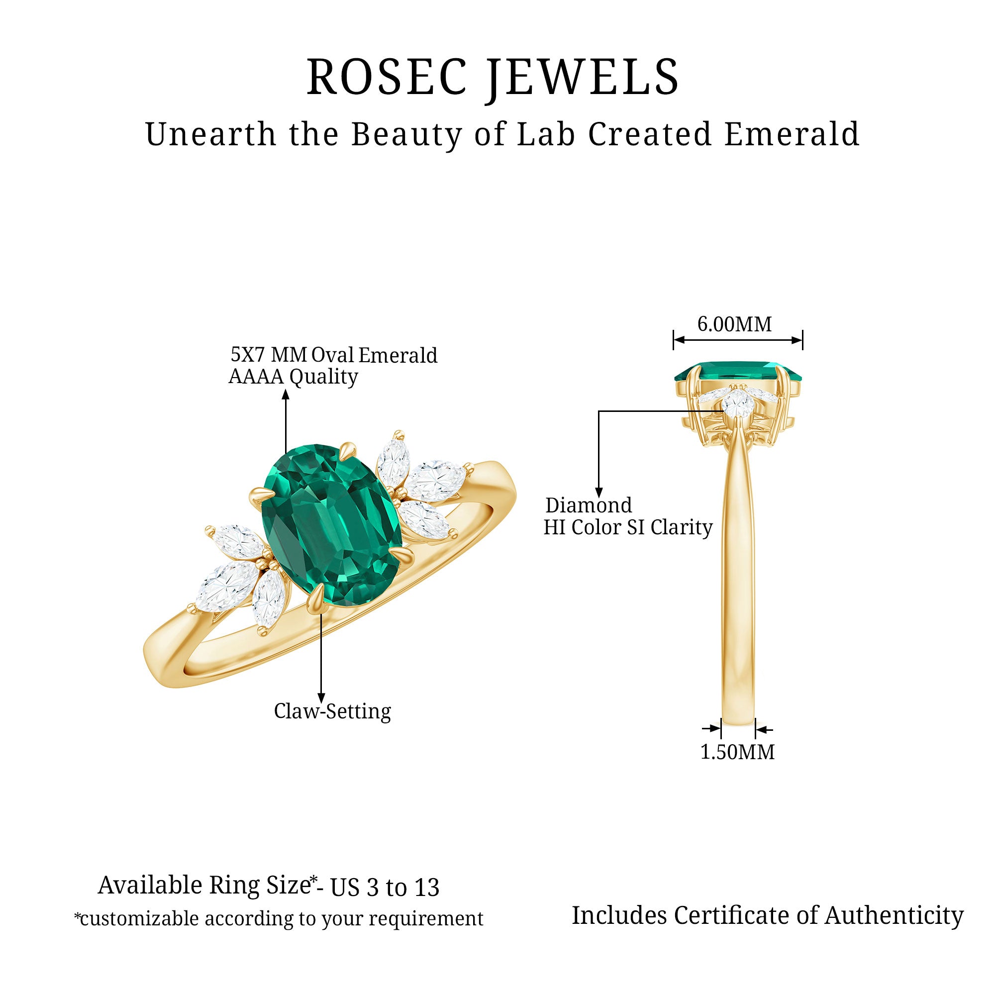 1.75 CT Oval Created Emerald Designer Engagement Ring with Diamond Lab Created Emerald - ( AAAA ) - Quality - Rosec Jewels