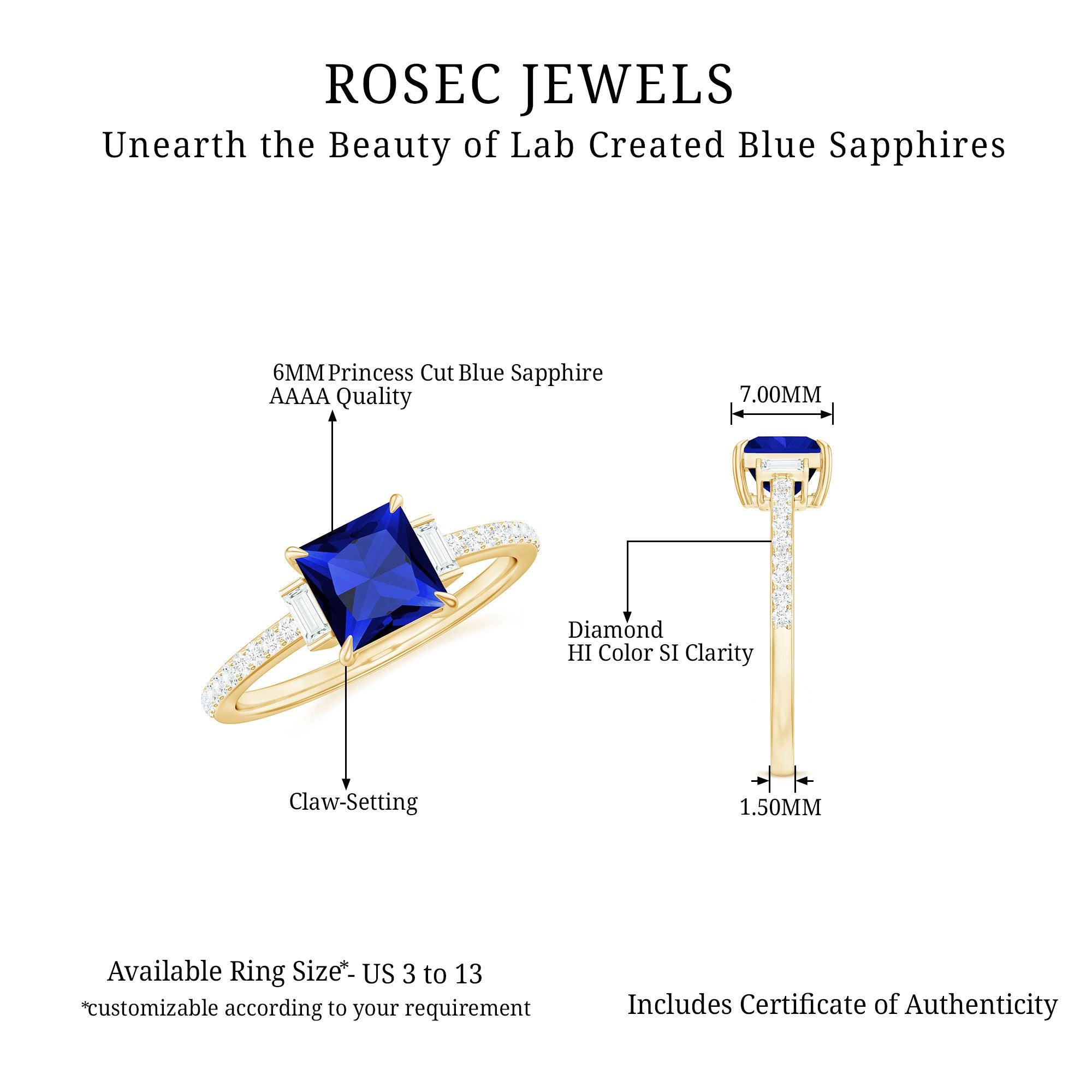 2 CT Princess Cut Created Blue Sapphire Promise Ring with Diamond Side Stones Lab Created Blue Sapphire - ( AAAA ) - Quality - Rosec Jewels