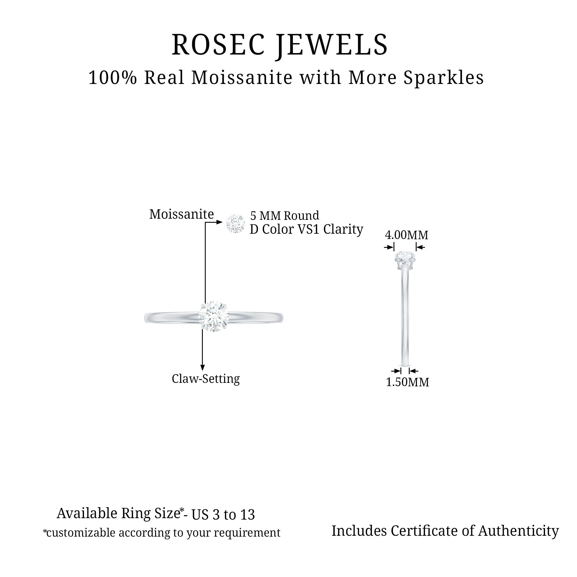 Claw Set Round Moissanite Solitaire Promise Ring Moissanite - ( D-VS1 ) - Color and Clarity - Rosec Jewels