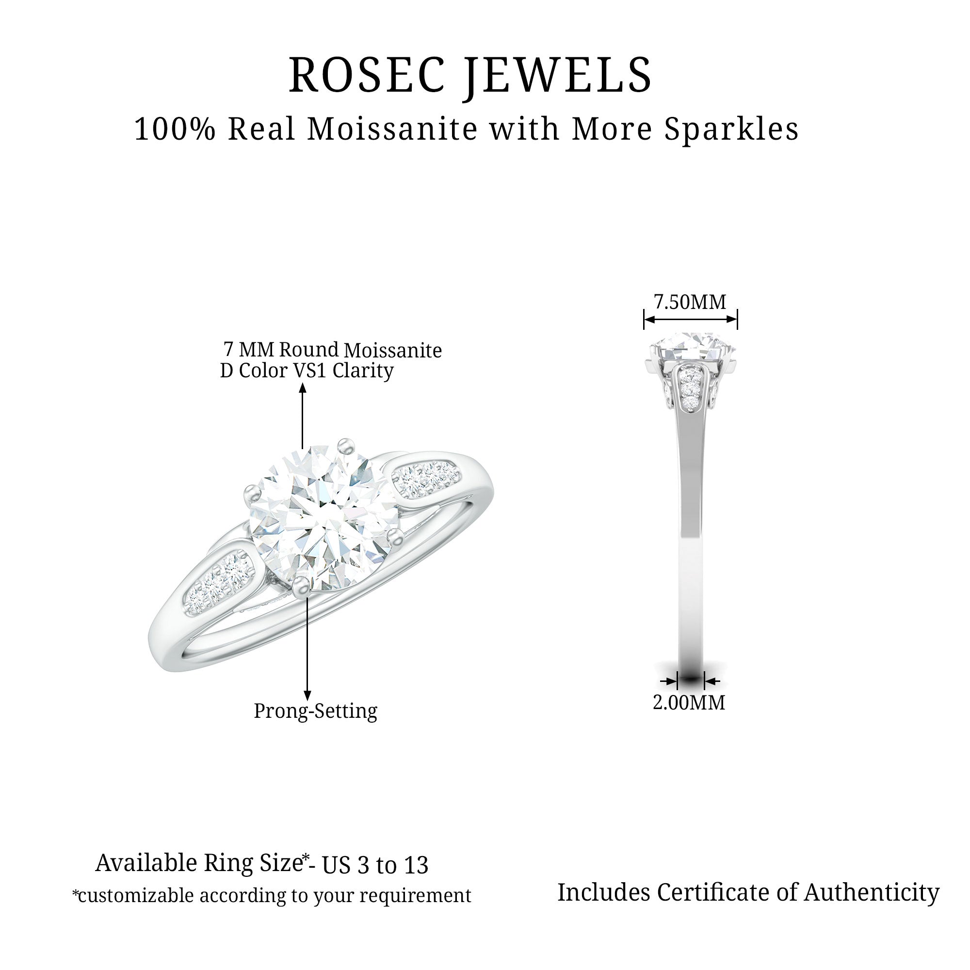Minimal Round Cut Moissanite Engagement Ring for Women Moissanite - ( D-VS1 ) - Color and Clarity - Rosec Jewels