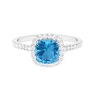 7 MM Cushion Cut Swiss Blue Topaz Solitaire with Diamond Halo Ring Swiss Blue Topaz - ( AAA ) - Quality - Rosec Jewels