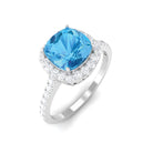 7 MM Cushion Cut Swiss Blue Topaz Solitaire with Diamond Halo Ring Swiss Blue Topaz - ( AAA ) - Quality - Rosec Jewels