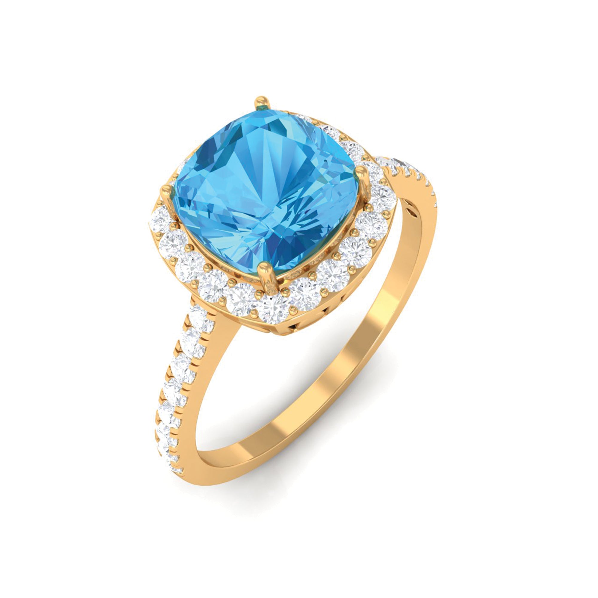 7 MM Cushion Cut Swiss Blue Topaz Solitaire with Diamond Halo Ring Swiss Blue Topaz - ( AAA ) - Quality - Rosec Jewels