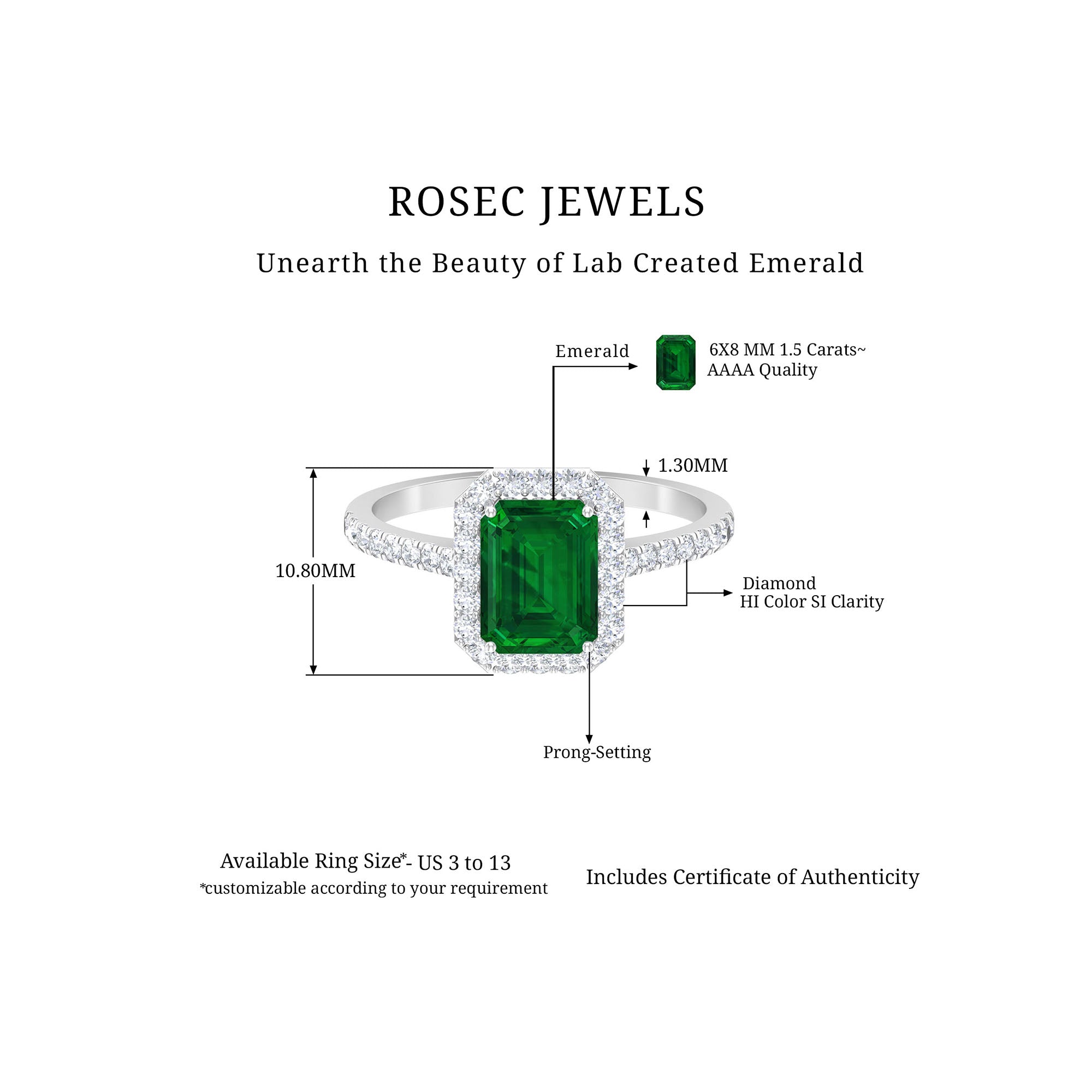 Certified Lab Grown Emerald Halo Engagement Ring with Diamond Lab Created Emerald - ( AAAA ) - Quality - Rosec Jewels