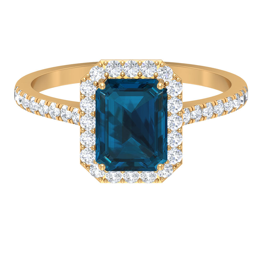 Emerald Cut London Blue Topaz Halo Engagement Ring with Diamond London Blue Topaz - ( AAA ) - Quality - Rosec Jewels