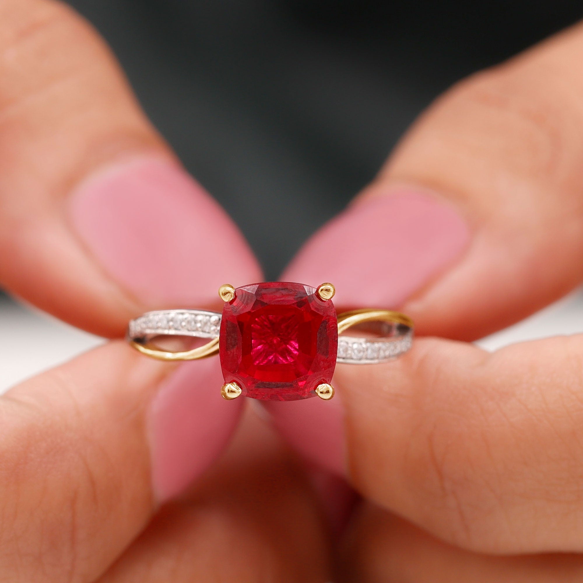 Cushion Cut Solitaire Lab Grown Ruby Infinity Engagement Ring with Diamond Lab Created Ruby - ( AAAA ) - Quality - Rosec Jewels