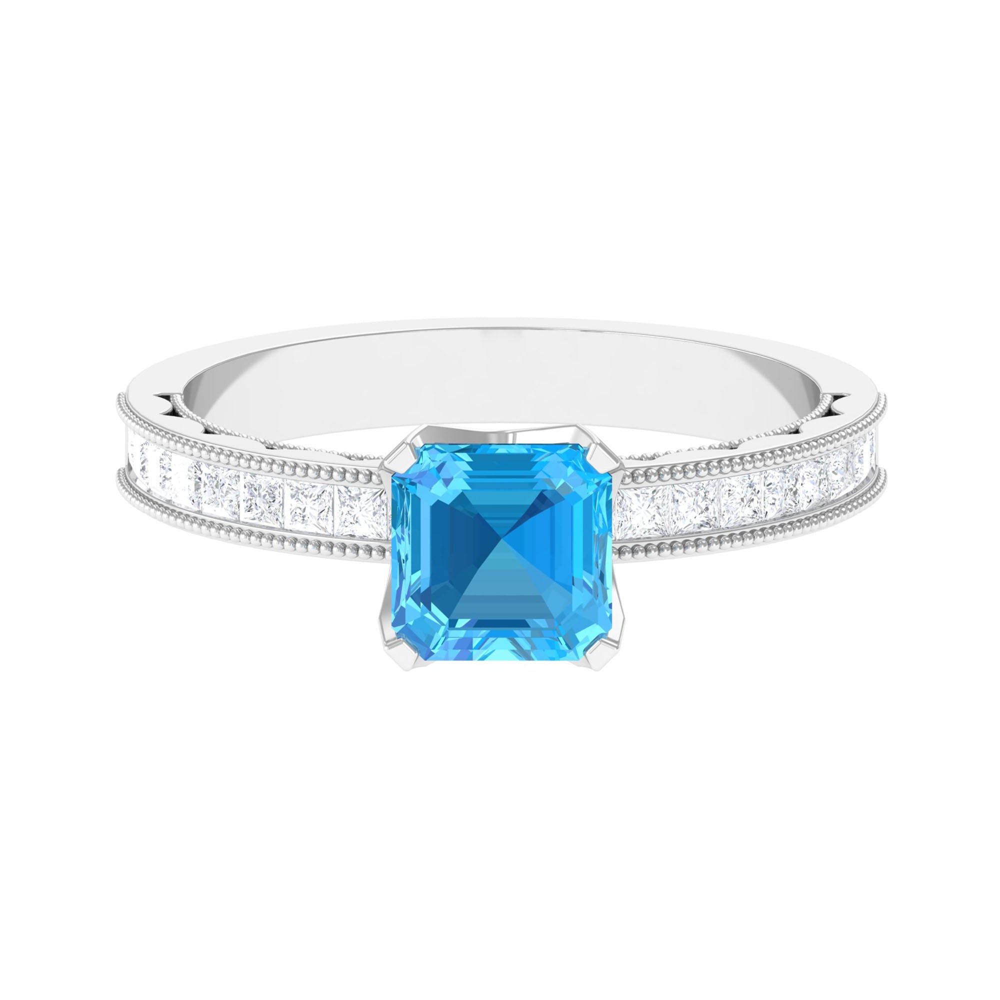 2 CT Swiss Blue Topaz Solitaire Ring with Princess Cut Moissanite Side Stones Swiss Blue Topaz - ( AAA ) - Quality - Rosec Jewels