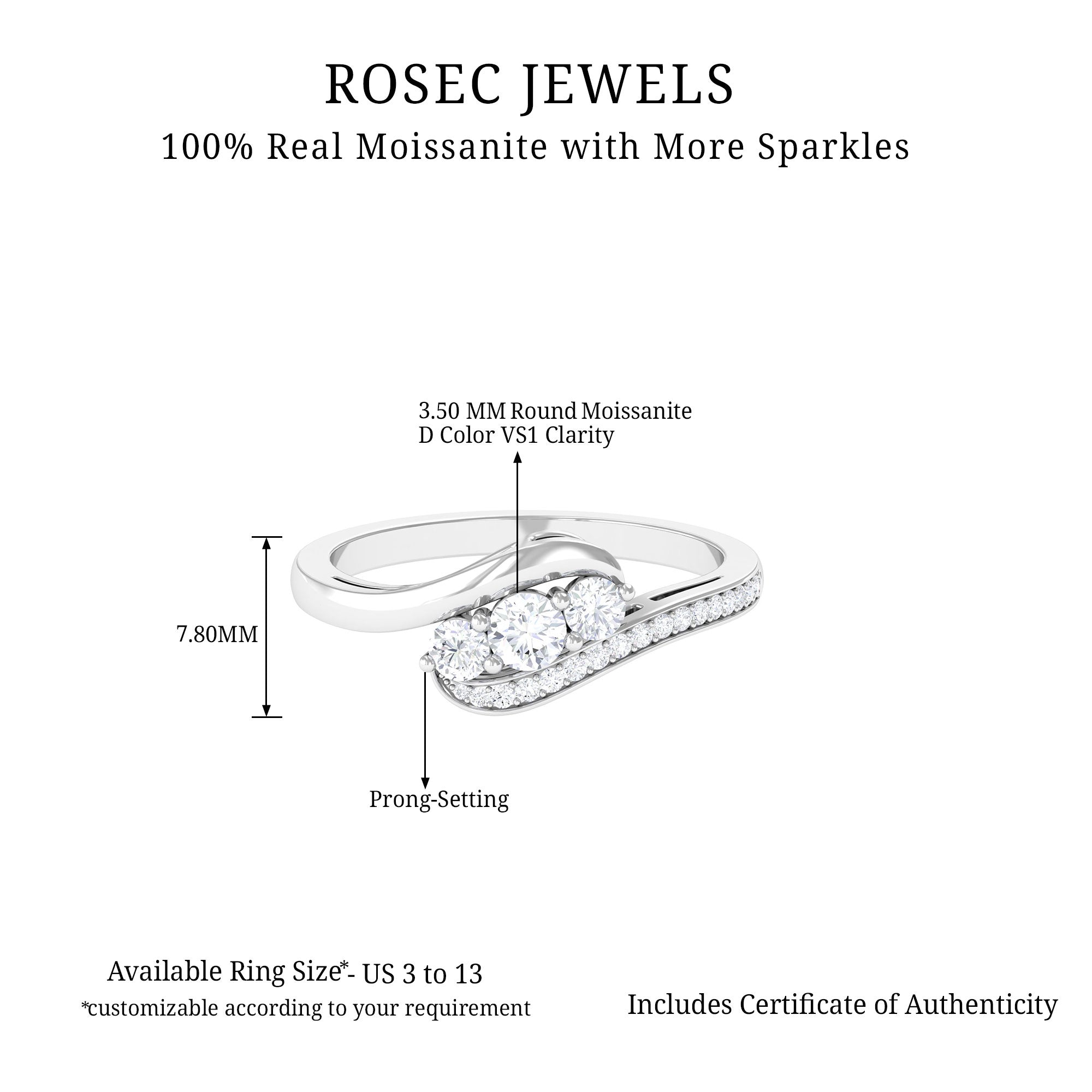 Designer Moissanite Three Stone Bypass Ring Moissanite - ( D-VS1 ) - Color and Clarity - Rosec Jewels