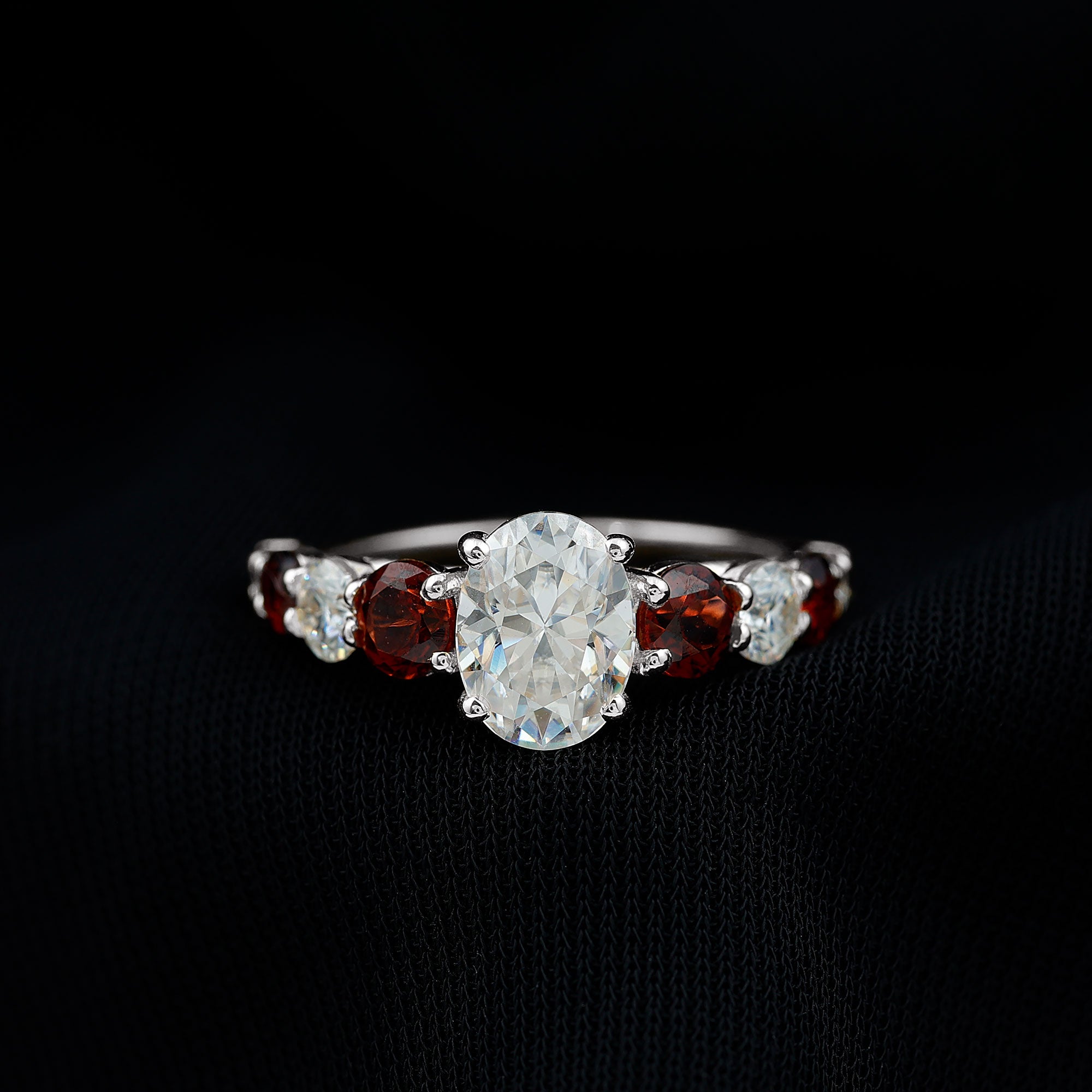 Oval Moissanite and Garnet Engagement Ring Moissanite - ( D-VS1 ) - Color and Clarity - Rosec Jewels