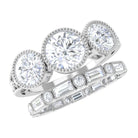 Moissanite 3 Stone Wedding Ring Set in Beaded Bezel Setting Moissanite - ( D-VS1 ) - Color and Clarity - Rosec Jewels