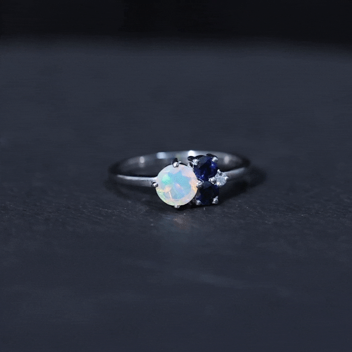 Natural Ethiopian Opal and Blue Sapphire Cluster Promise Ring with Moissanite Ethiopian Opal - ( AAA ) - Quality - Rosec Jewels