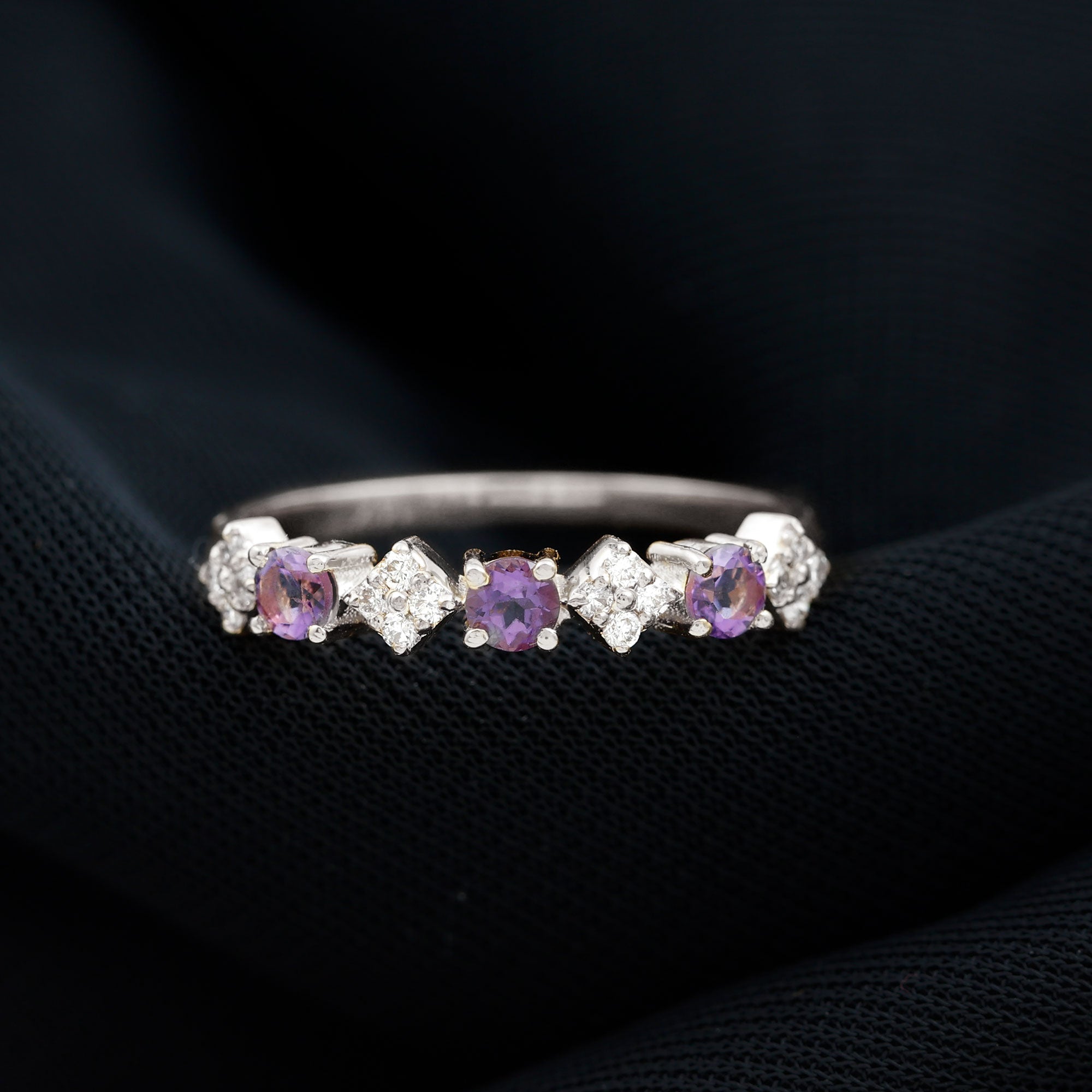 Round Amethyst and Diamond Semi Eternity Band Ring Amethyst - ( AAA ) - Quality - Rosec Jewels