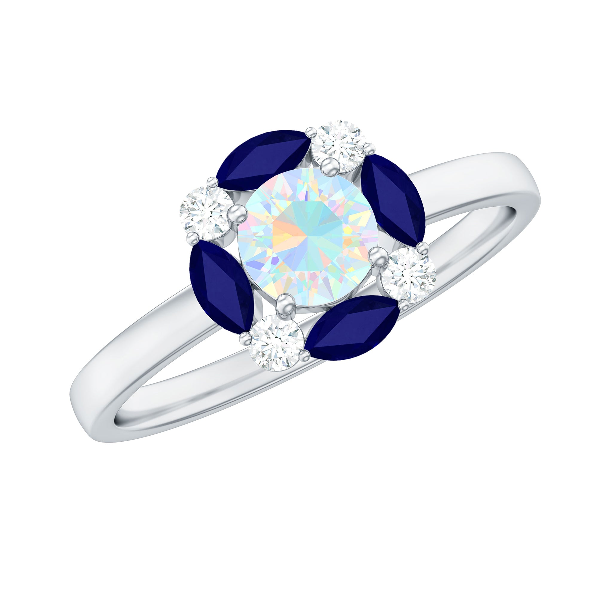 Rosec Jewels-Ethiopian Opal Engagement Ring with Blue Sapphire and Moissanite