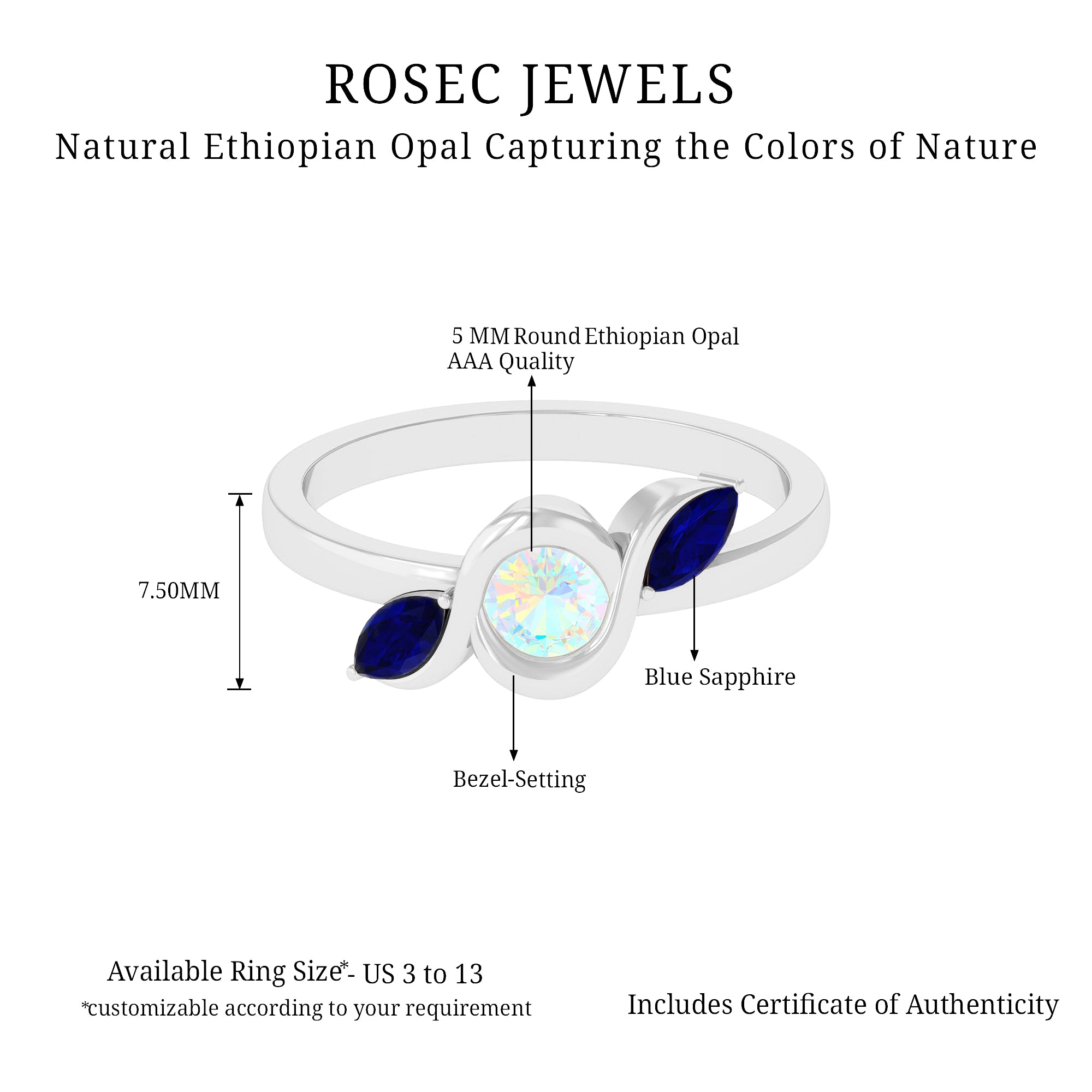 Solitaire Ethiopian Opal Minimal Promise Ring with Blue Sapphire Ethiopian Opal - ( AAA ) - Quality - Rosec Jewels