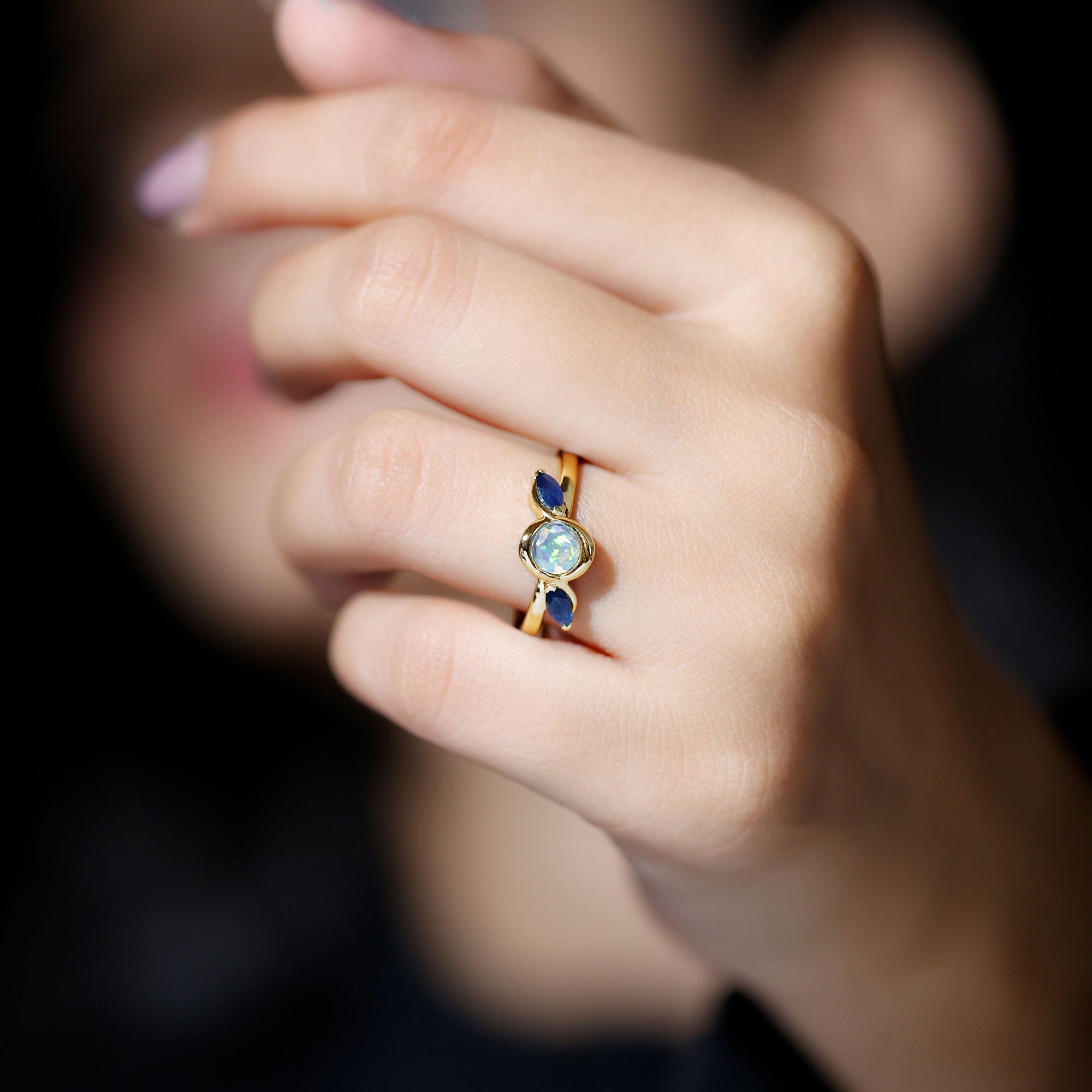 Solitaire Ethiopian Opal Minimal Promise Ring with Blue Sapphire Ethiopian Opal - ( AAA ) - Quality - Rosec Jewels