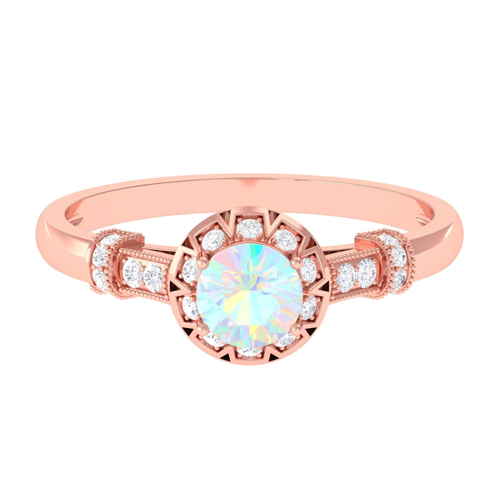1/2 CT Round Shape Ethiopian Opal and Diamond Accent Vintage Engagement Ring Ethiopian Opal - ( AAA ) - Quality - Rosec Jewels
