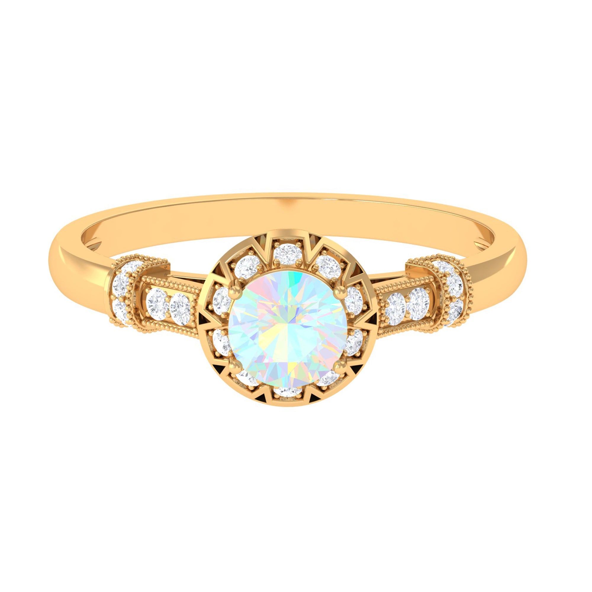 1/2 CT Round Shape Ethiopian Opal and Diamond Accent Vintage Engagement Ring Ethiopian Opal - ( AAA ) - Quality - Rosec Jewels
