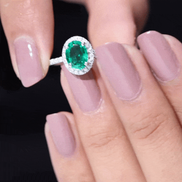 Created Emerald Classic Engagement Ring With Diamond Halo Lab Created Emerald - ( AAAA ) - Quality - Rosec Jewels