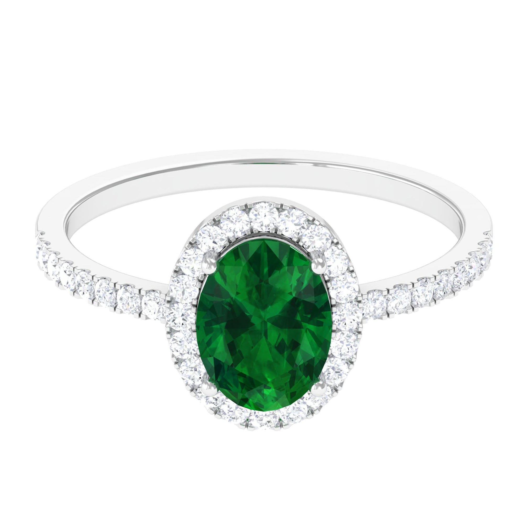 Created Emerald Classic Engagement Ring With Diamond Halo Lab Created Emerald - ( AAAA ) - Quality - Rosec Jewels