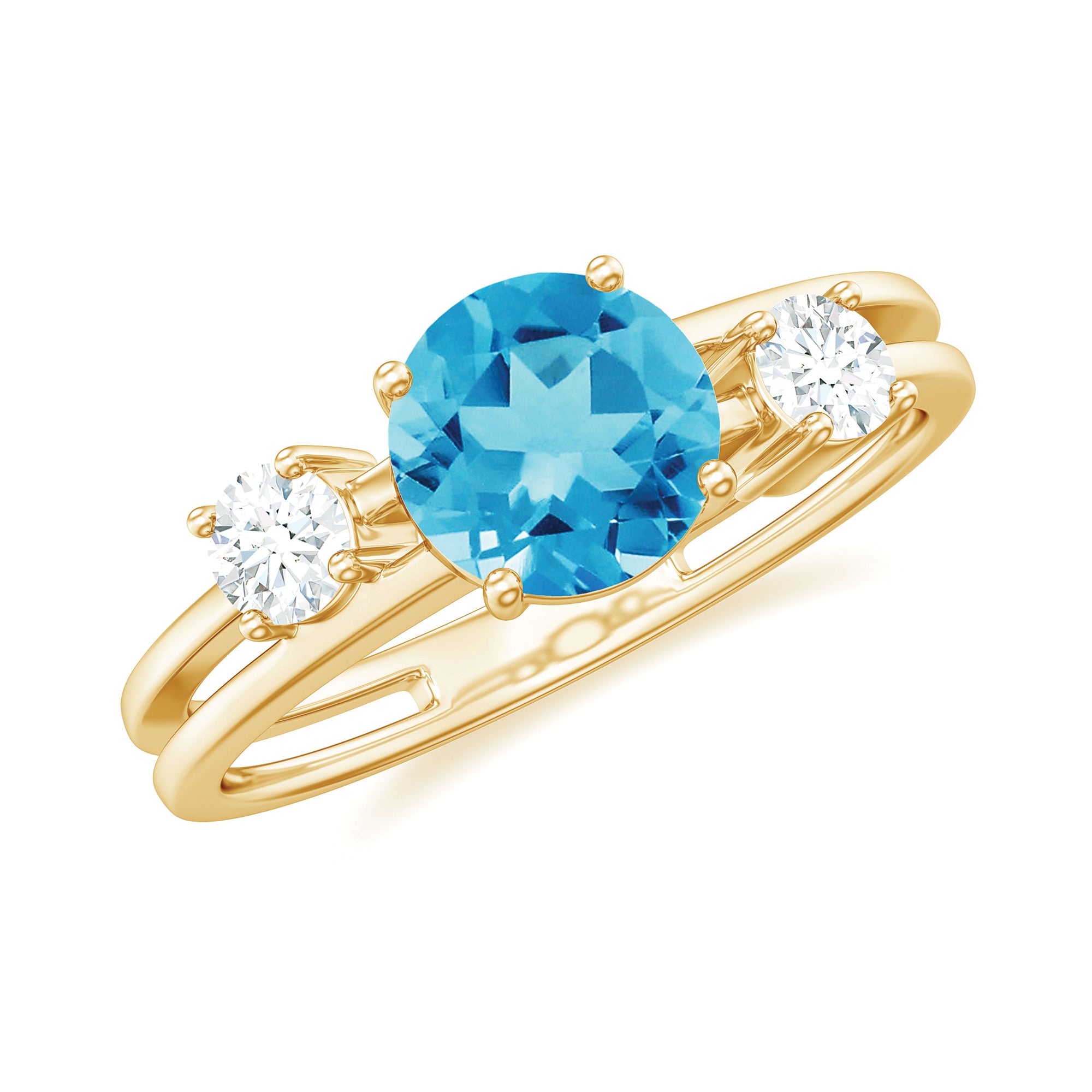 Swiss Blue Topaz Solitaire Double Band Ring with Diamond Swiss Blue Topaz - ( AAA ) - Quality - Rosec Jewels