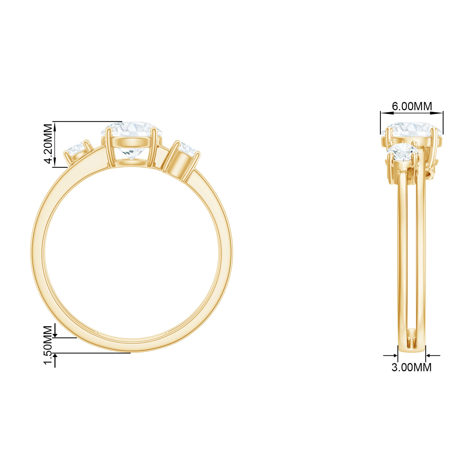 Round Shape Moissanite 3 Stone Double Band Ring in Gold Moissanite - ( D-VS1 ) - Color and Clarity - Rosec Jewels